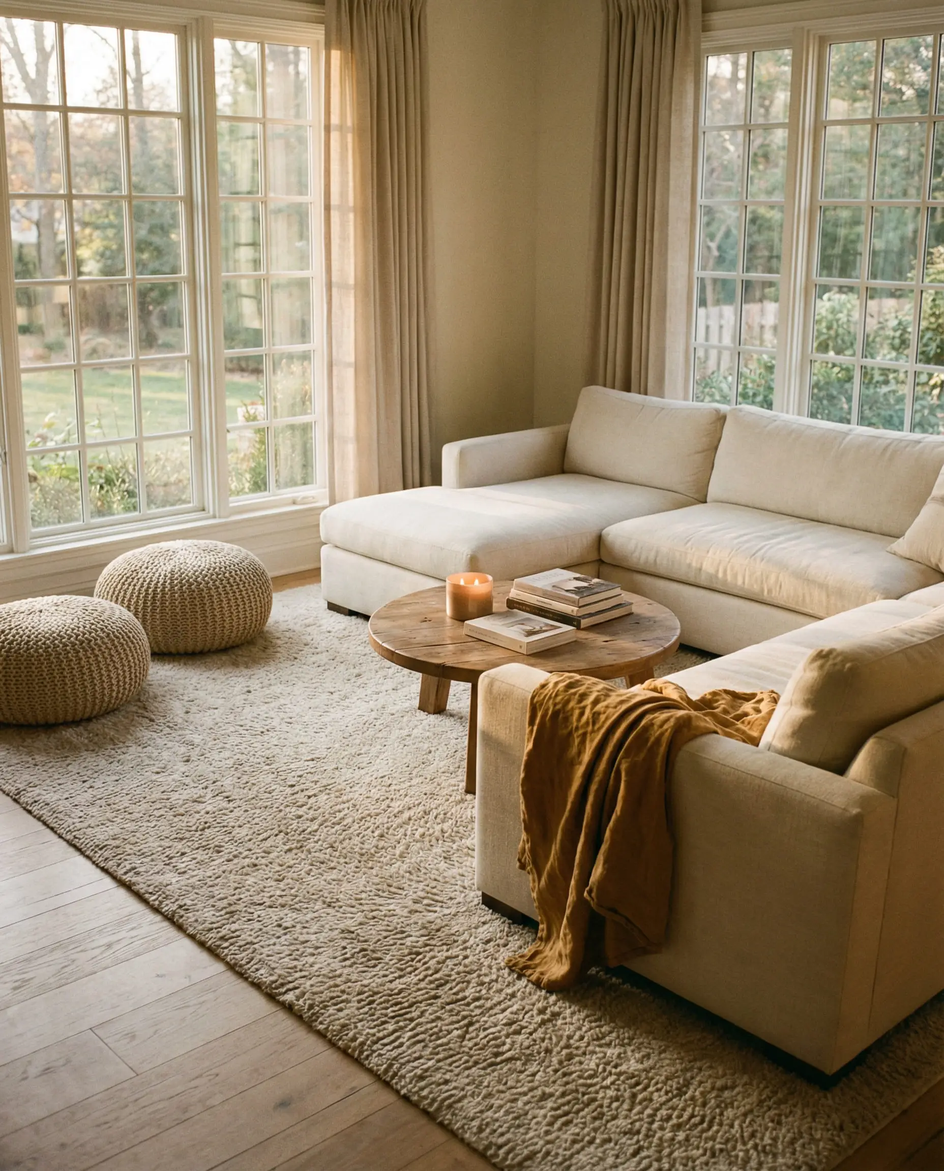 A large modern sectional sofa and round wooden coffee table rest on a substantial medium-pile plush neutral rug.