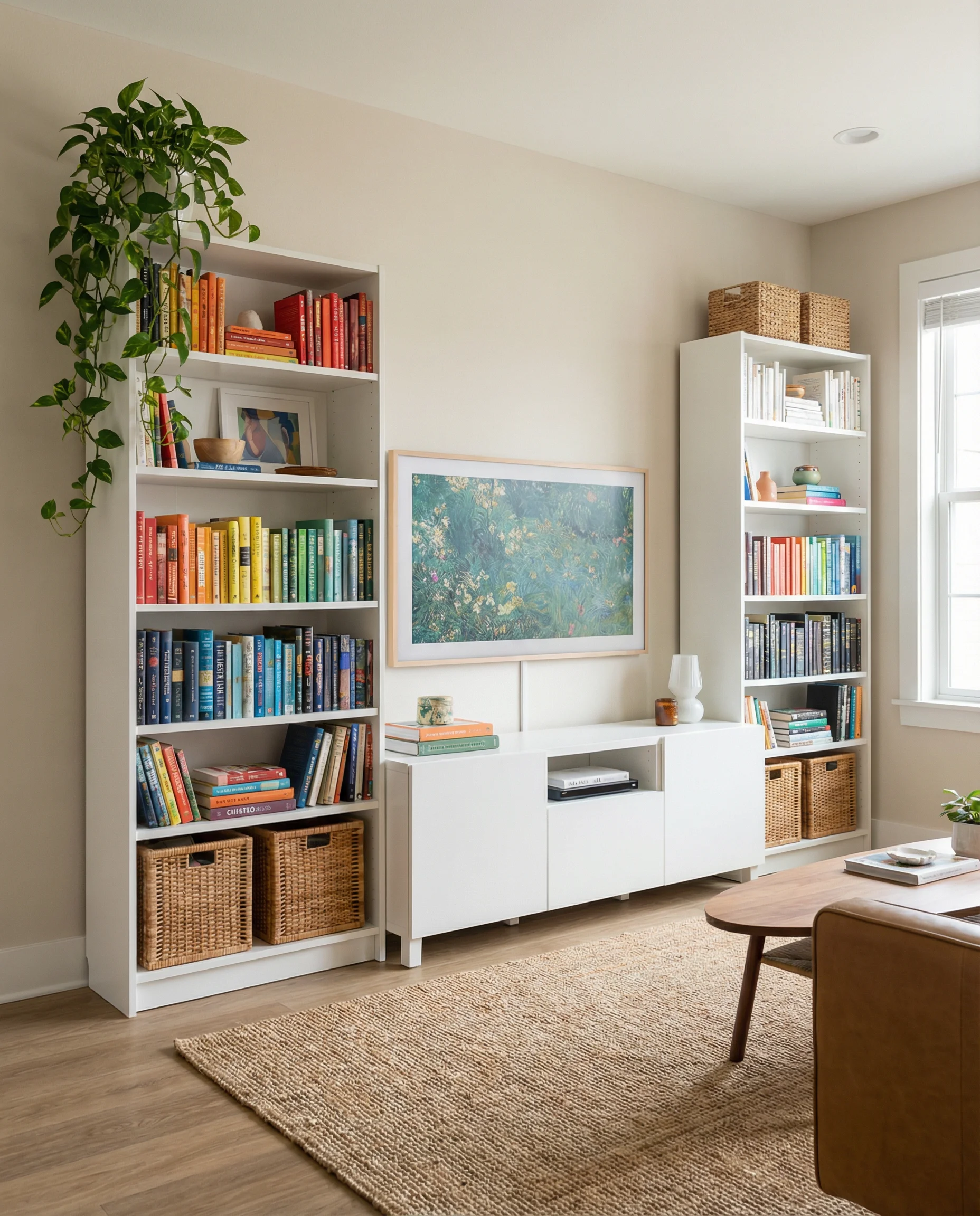 White bookcases flanking a TV stand to create the look of built-ins in a rental apartment.
