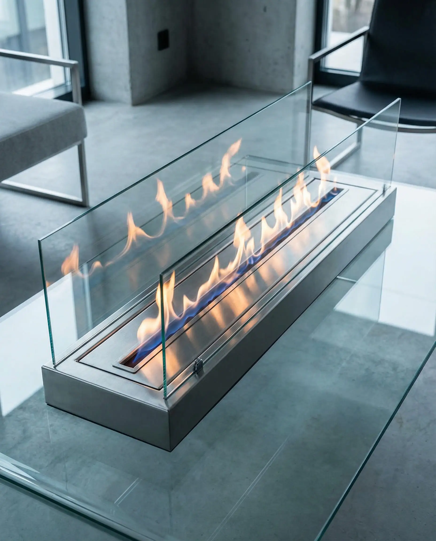 A sleek stainless steel bio-ethanol burner with a real flame encased in glass, sitting on a modern table.