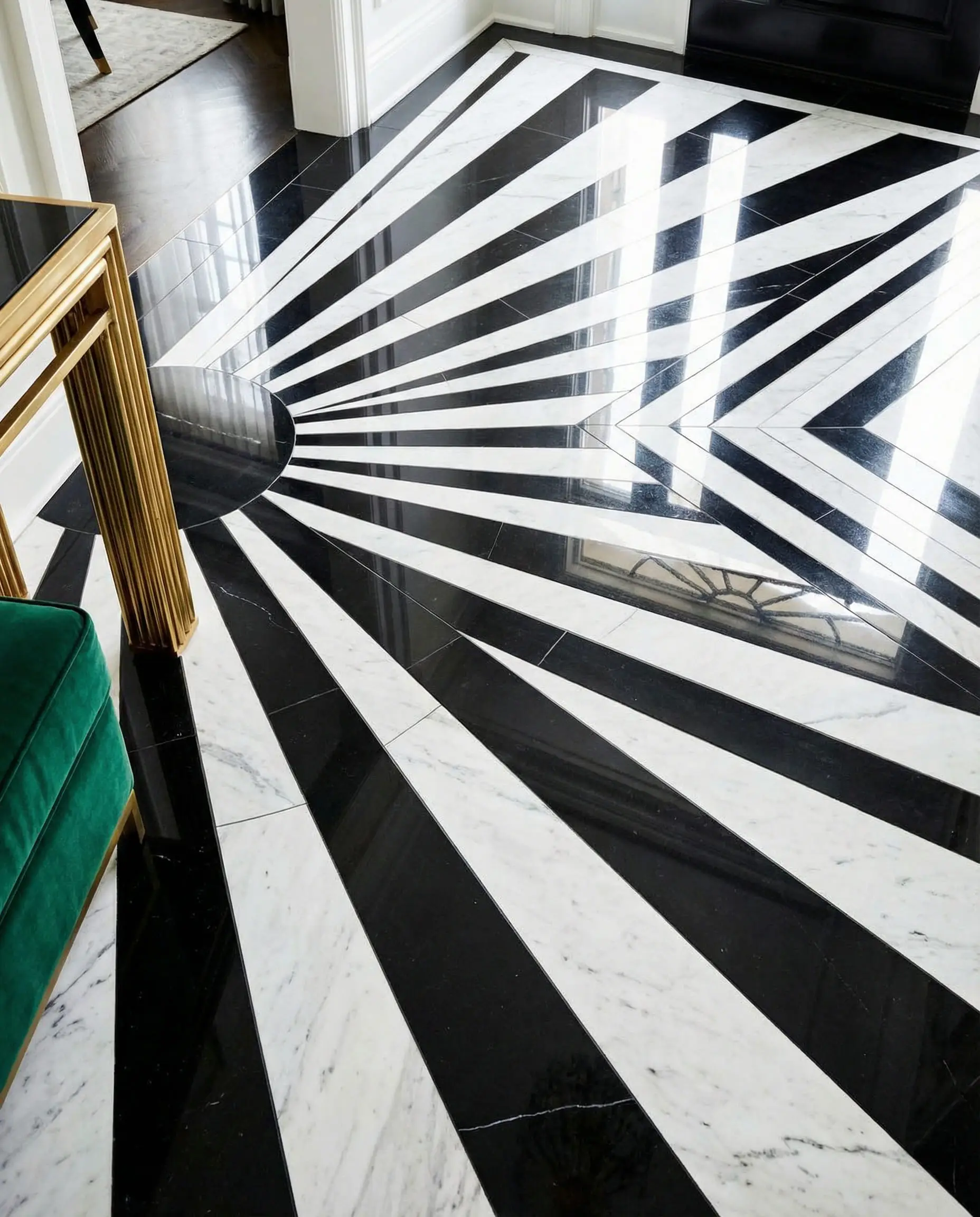 High-angle view of a foyer featuring black and white marble tiles arranged in a sharp sunburst geometric pattern.