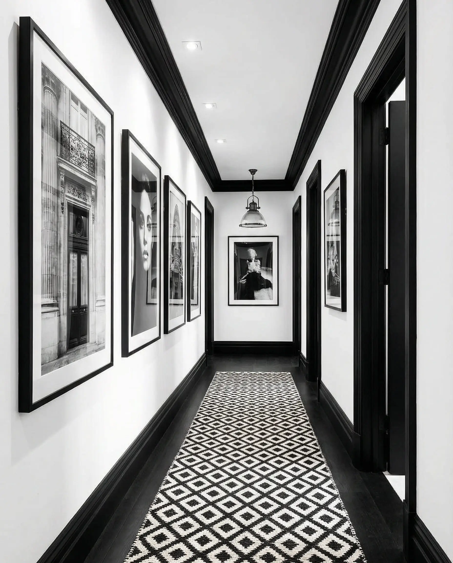 High-contrast hallway design featuring bold black crown molding and door frames against stark white walls.