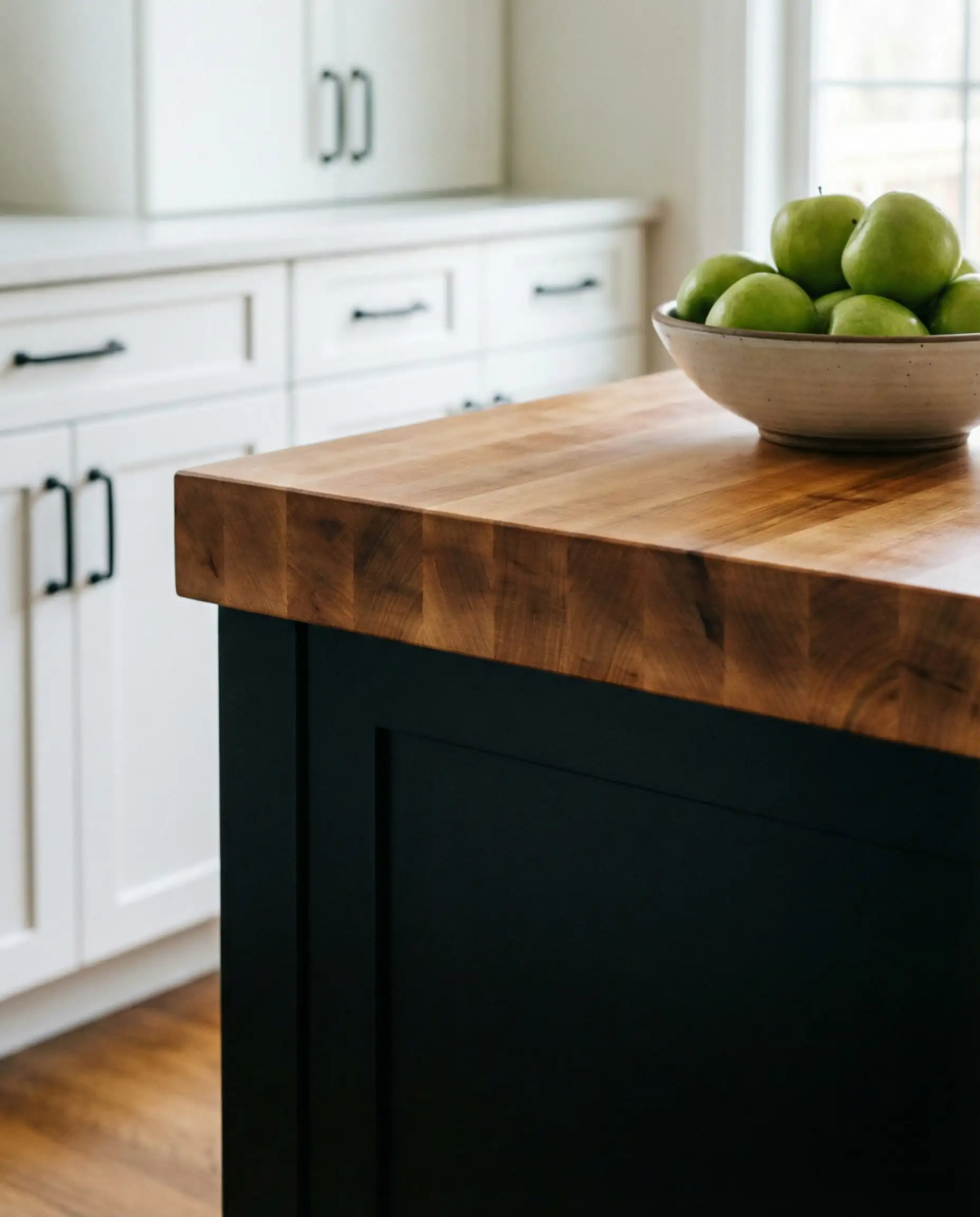Detail of a black painted island with a thick maple butcher block countertop and white background cabinets.