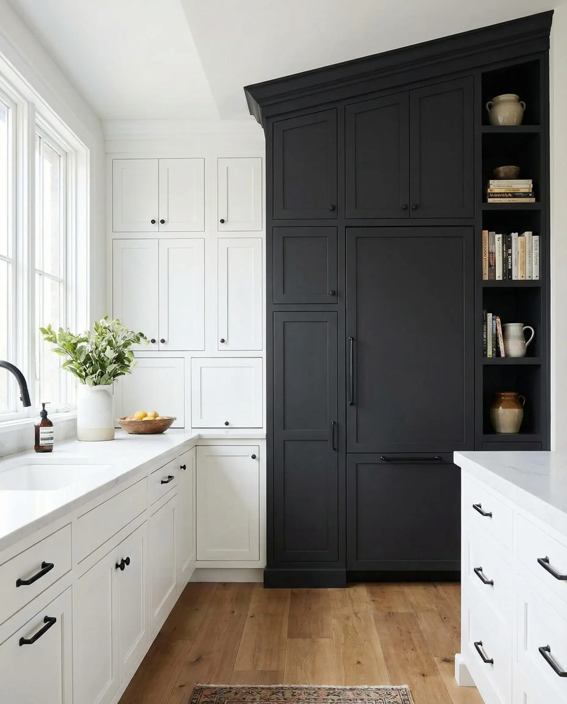 White kitchen featuring a dramatic accent wall of built-in black pantry cabinets.