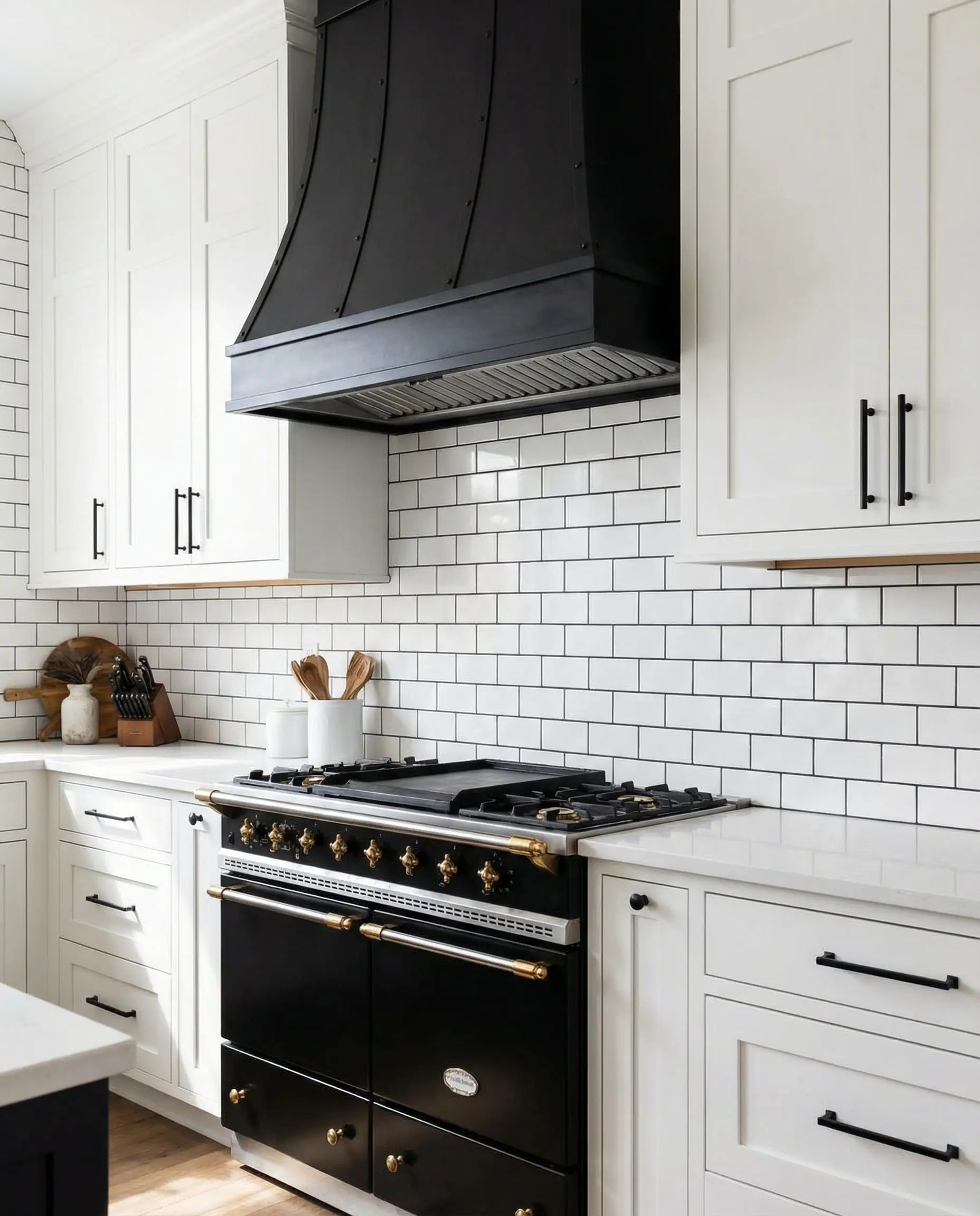 Cooking zone detail showing a large black range hood flanked by white cabinets.
