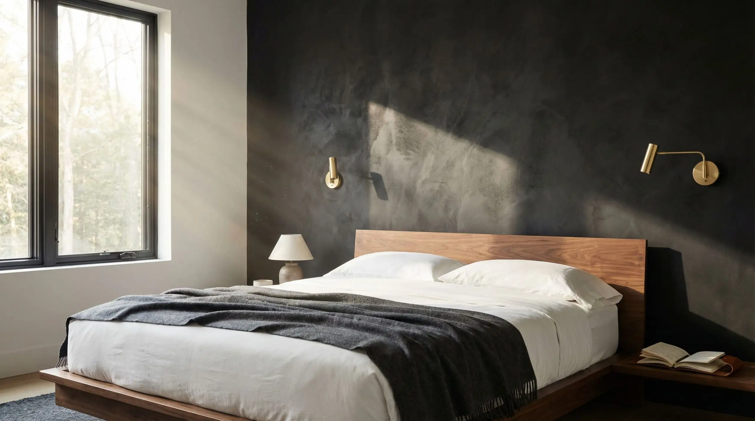A striking black textured wall paint accent behind a walnut bed frame highlights the dramatic depth of dark roman clay colors in a sophisticated bedroom.