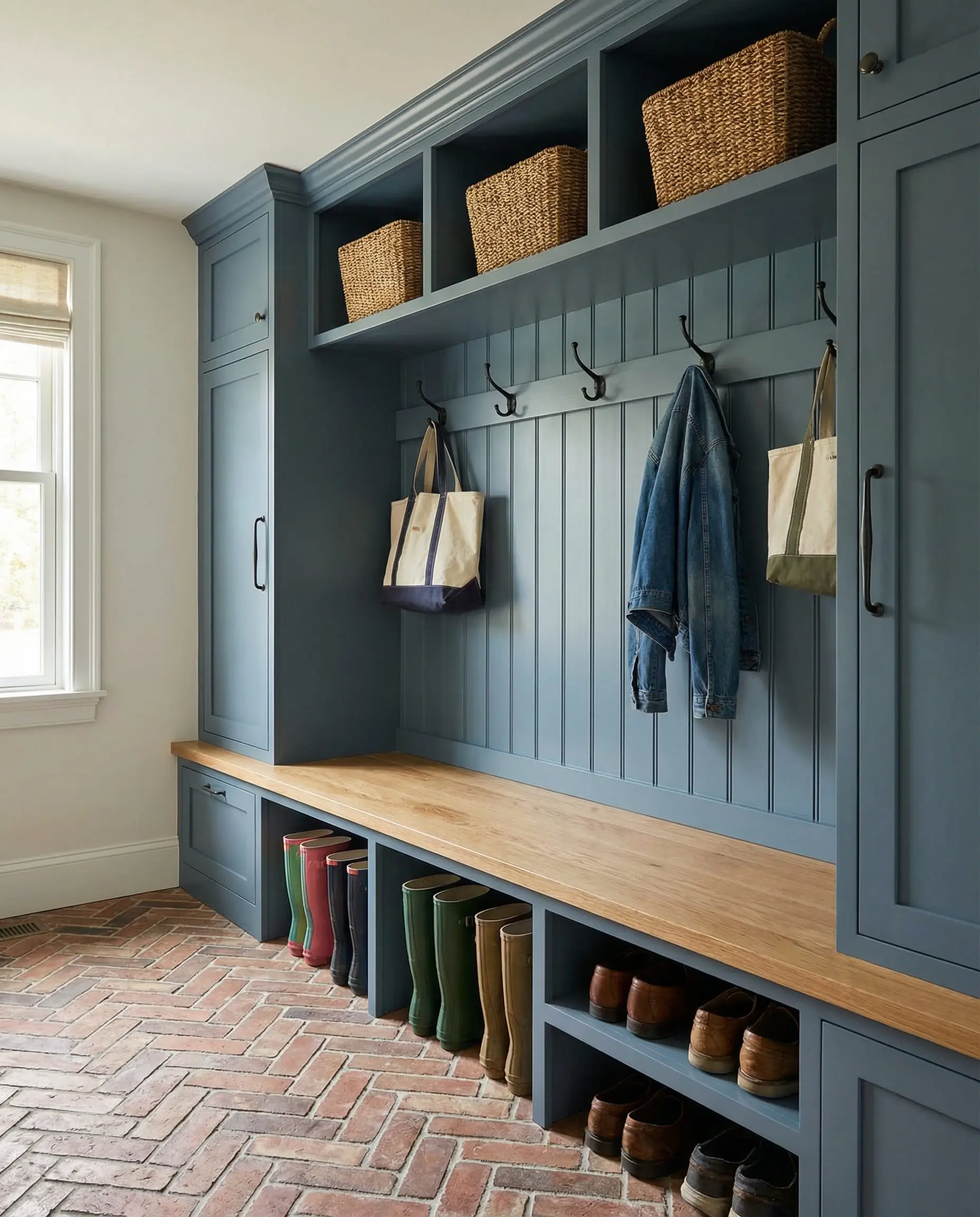 Slate blue mudroom built-in unit with open cubbies, beadboard backing, and oak bench seating.