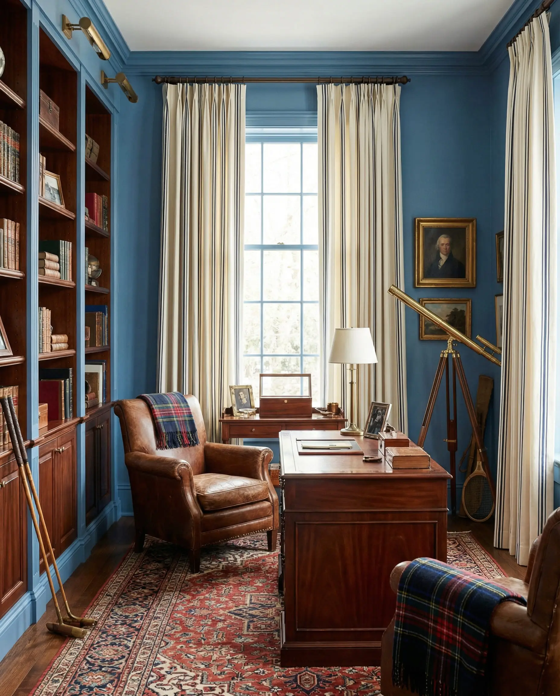 Classic study with blue walls and cream curtains with navy pinstripes.