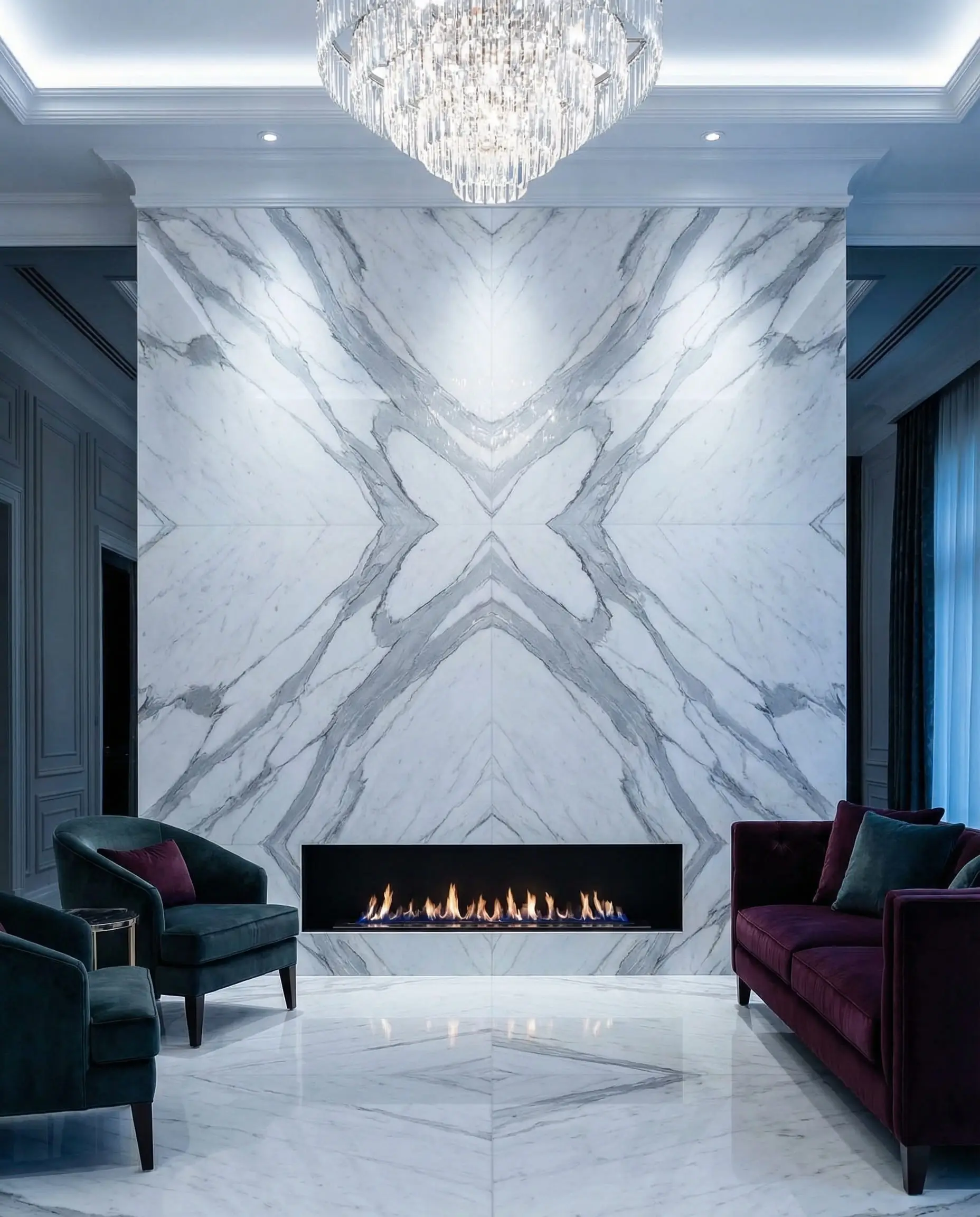A stunning bookmatched Statuario marble fireplace wall where the grey veins create a symmetrical butterfly pattern.