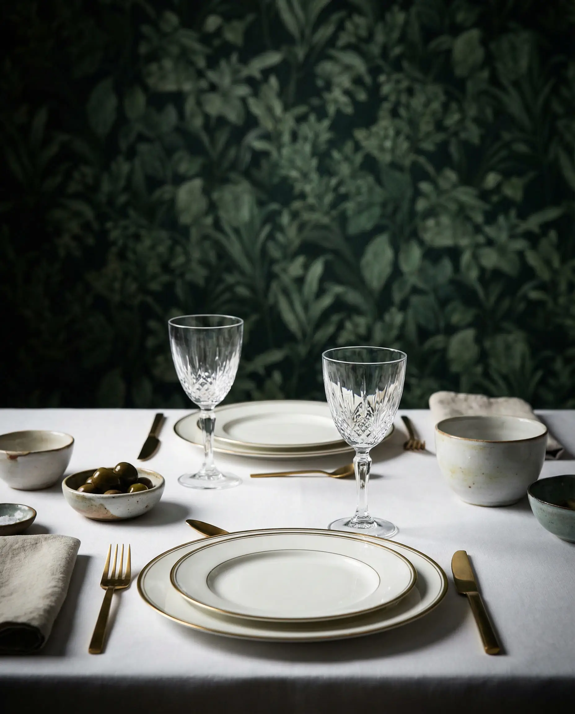 Stylized dining table setting with white porcelain and gold cutlery against a bold dark green botanical wallpaper background.