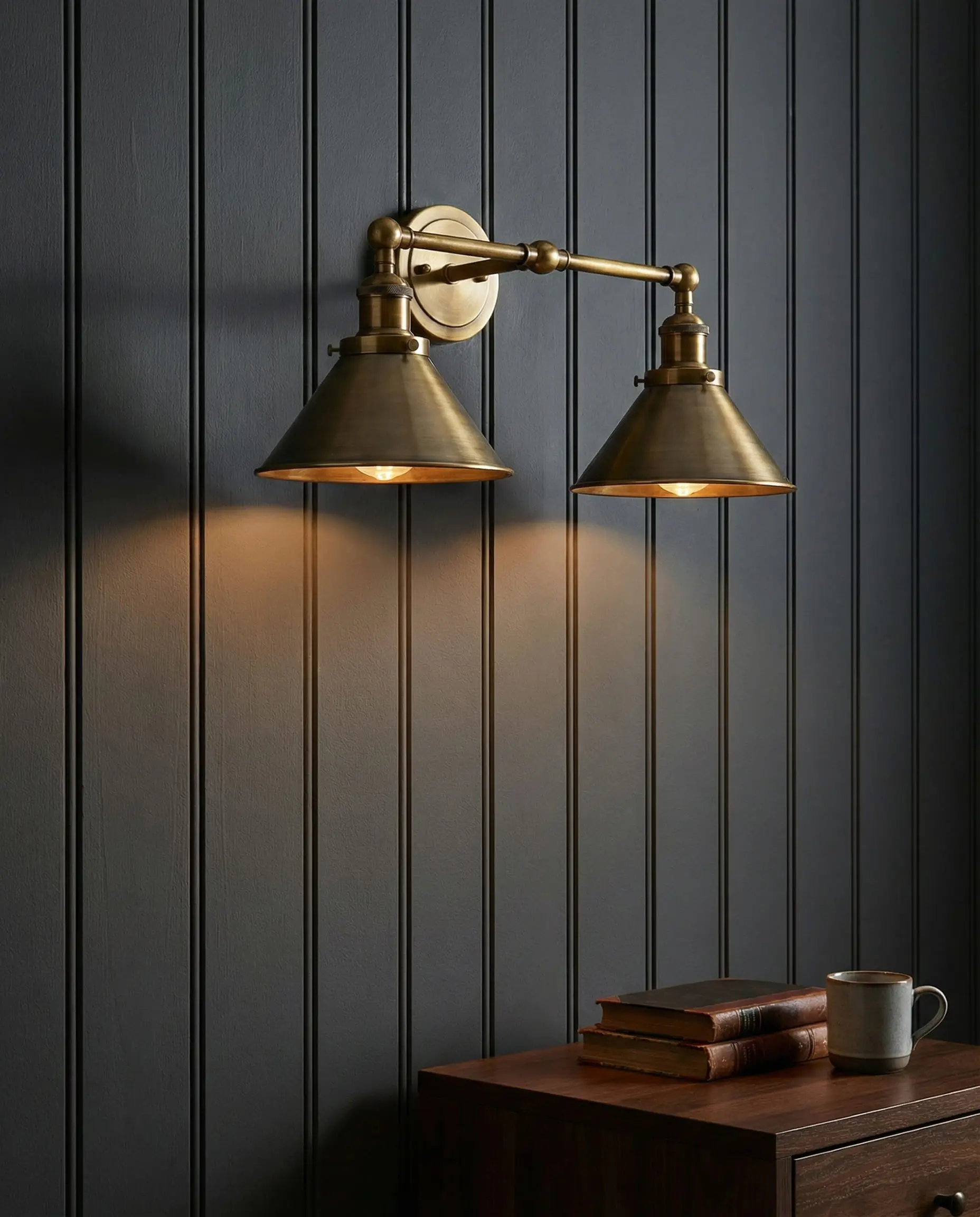 Antique brass double-arm wall sconce mounted on a charcoal grey vertical shiplap wall.