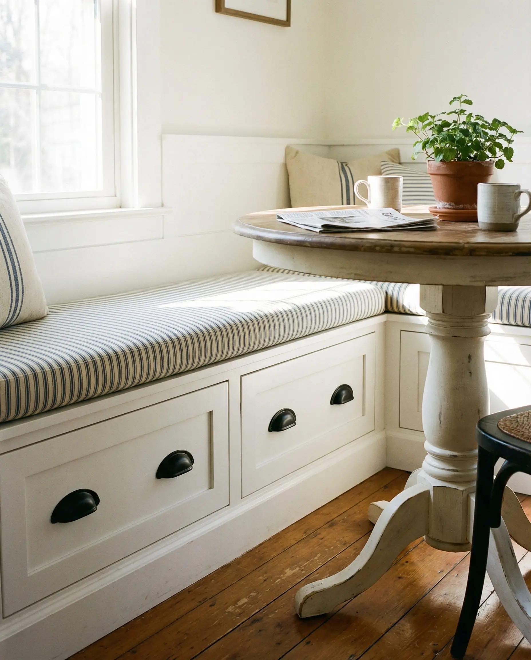 Cozy breakfast nook built-in bench painted white with matte black cup pulls on the under-seat storage drawers.