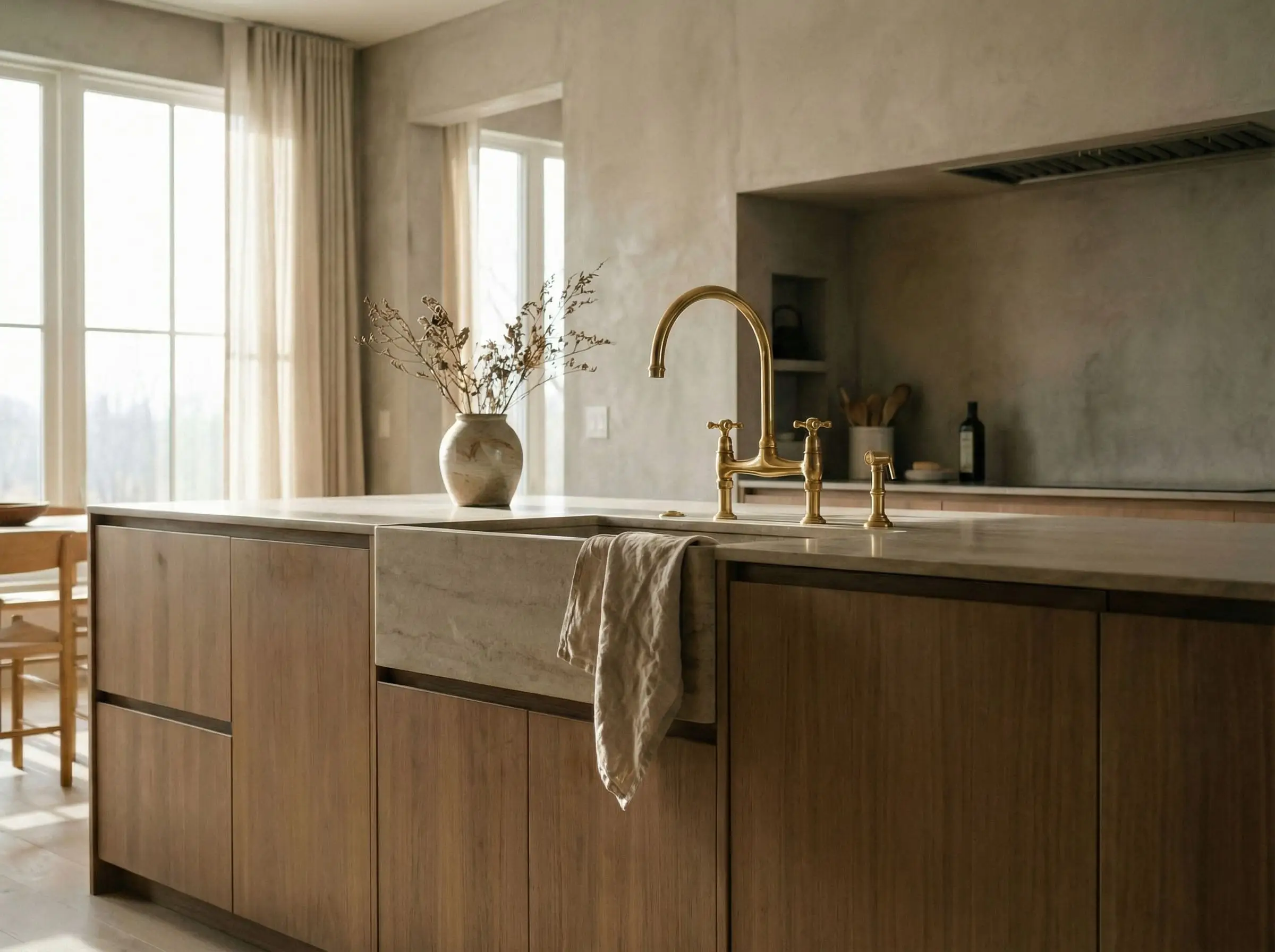 A traditional two-handle bridge faucet is mounted directly above a hyper-modern, square-edge undermount sink.
