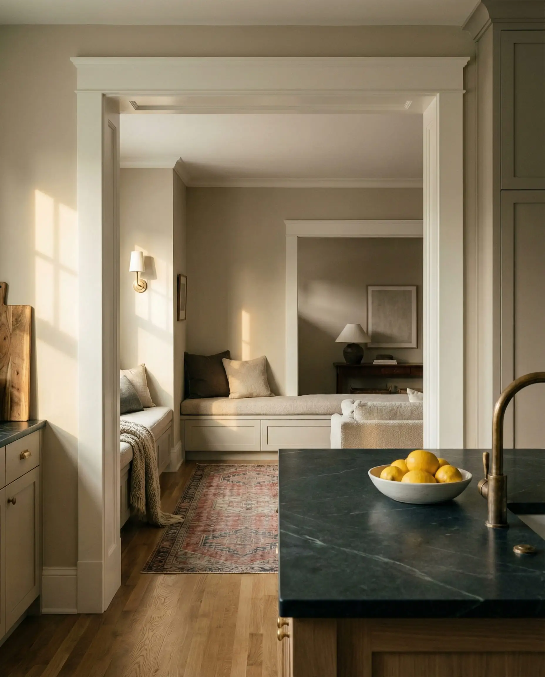 View through a wood-trimmed cased opening showing a broken plan layout with a cozy window seat and vintage runner rug.