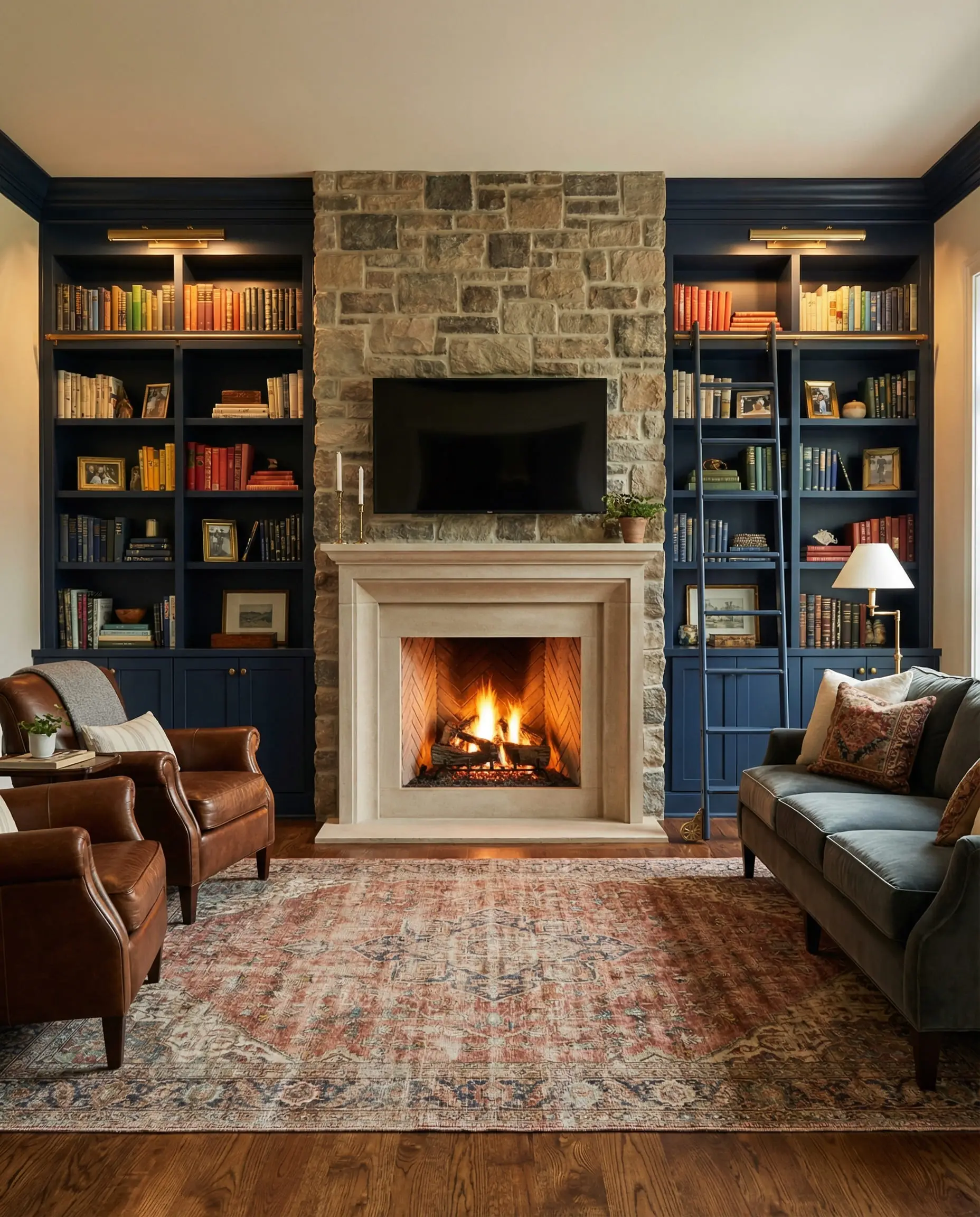 Navy blue built-in bookshelves flanking a central fireplace and TV in a cozy library-style living room.