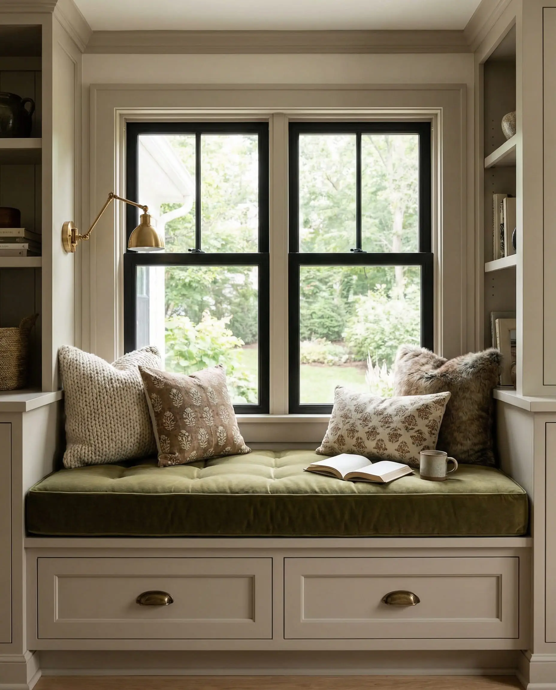 Cozy built-in window seat with olive green velvet cushion and storage drawers with brass cup pulls.