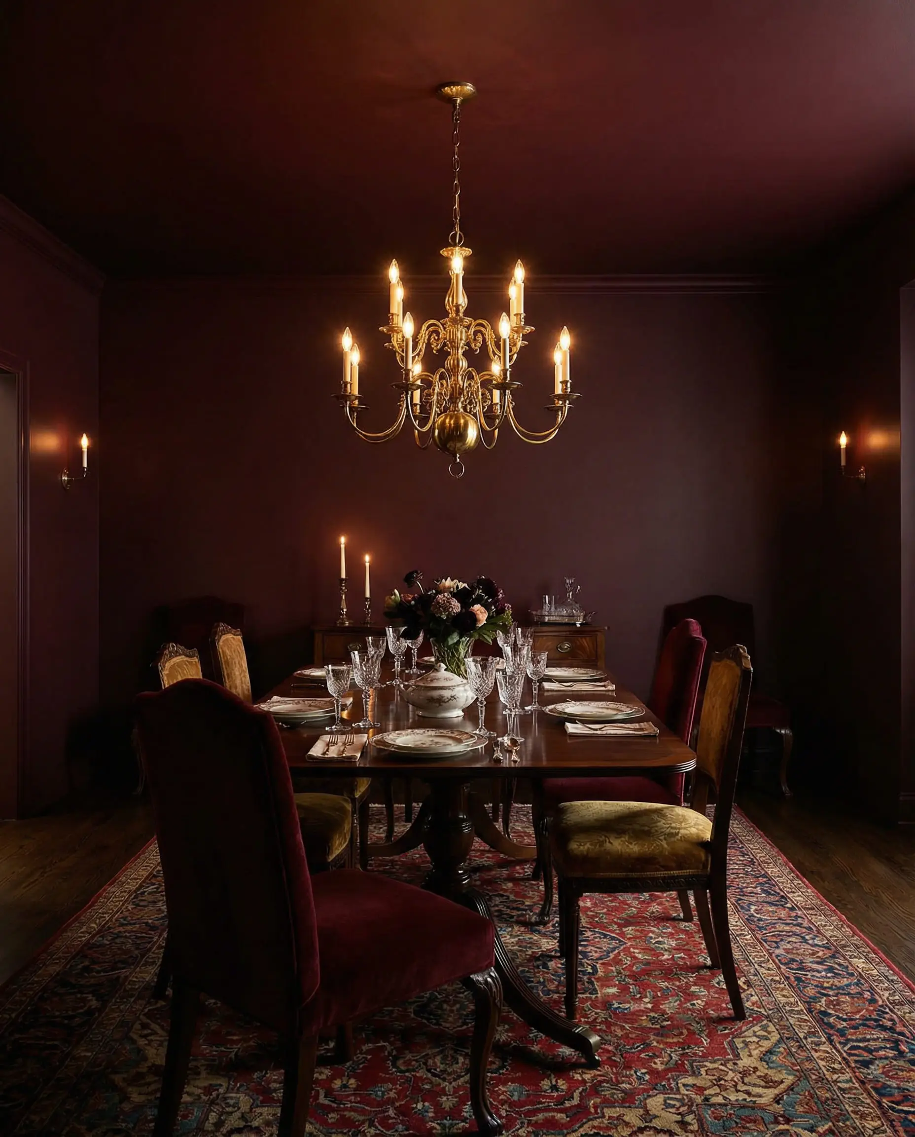 Jewel-box dining room with deep burgundy walls continuing seamlessly onto the ceiling, featuring a brass chandelier.