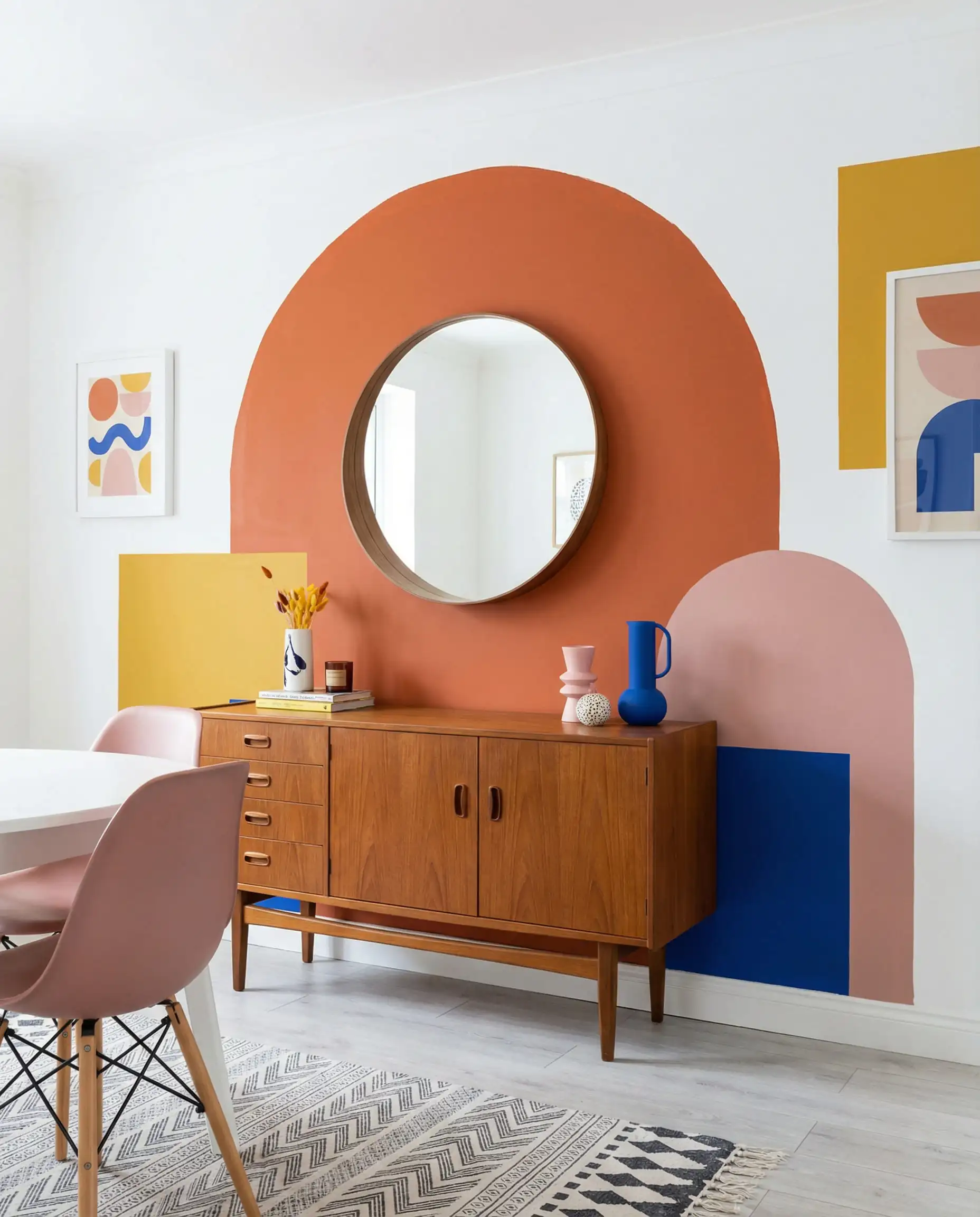 Modern dining room featuring a burnt orange painted arch on a white wall framing a mid-century sideboard.