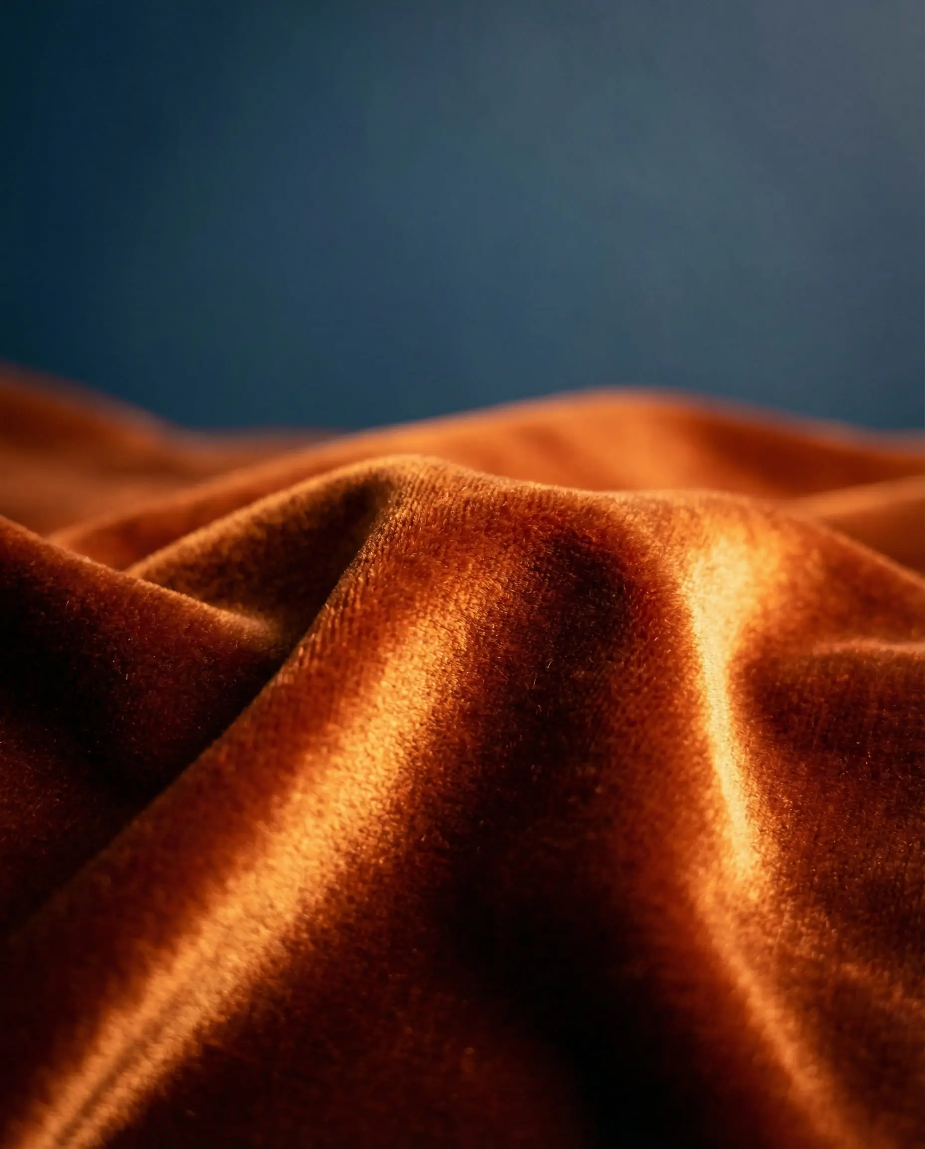 Macro shot of burnt orange velvet fabric texture against a dark blue background.