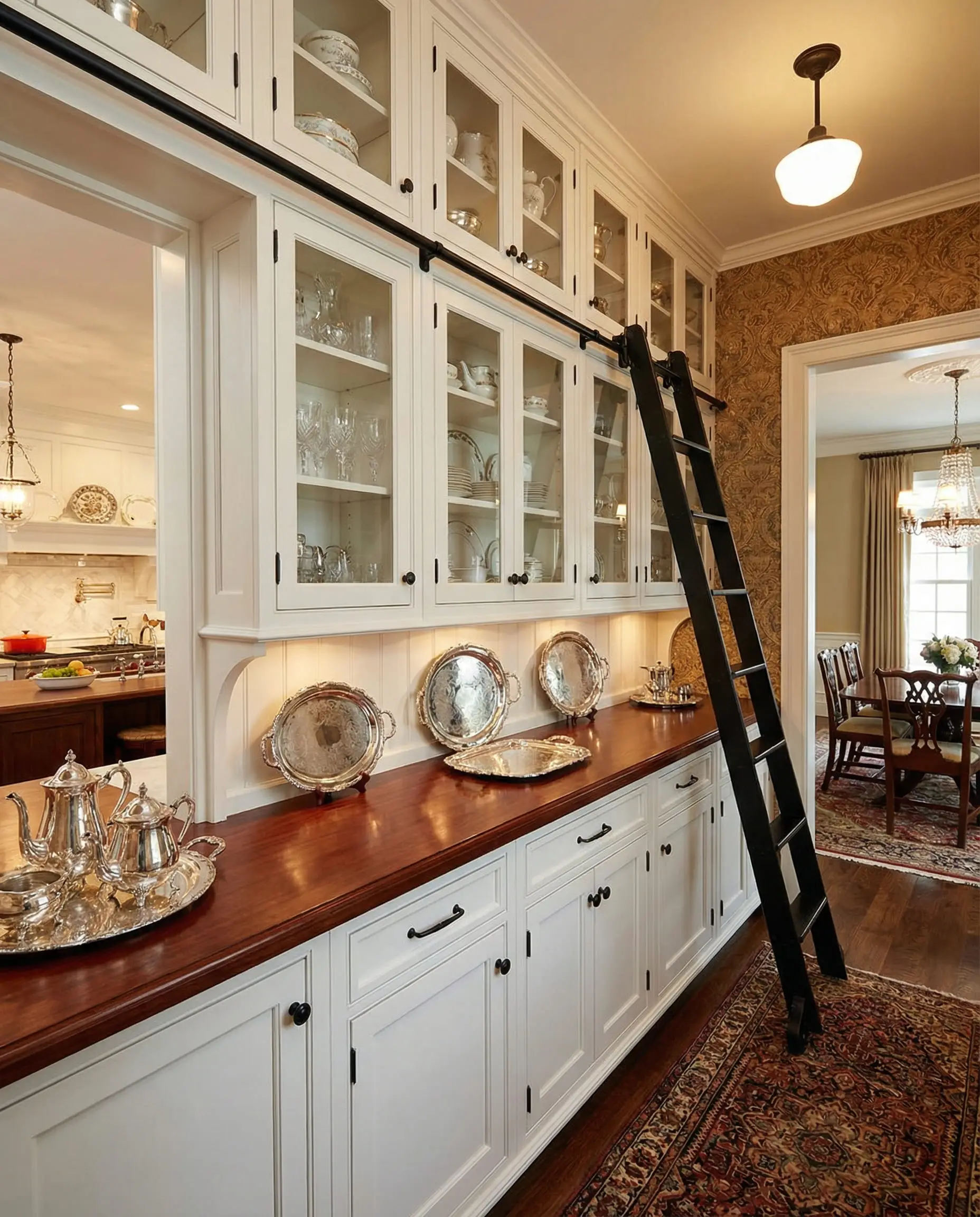 View into a butler's pantry featuring glass cabinets, black hardware, and a rolling black library ladder.