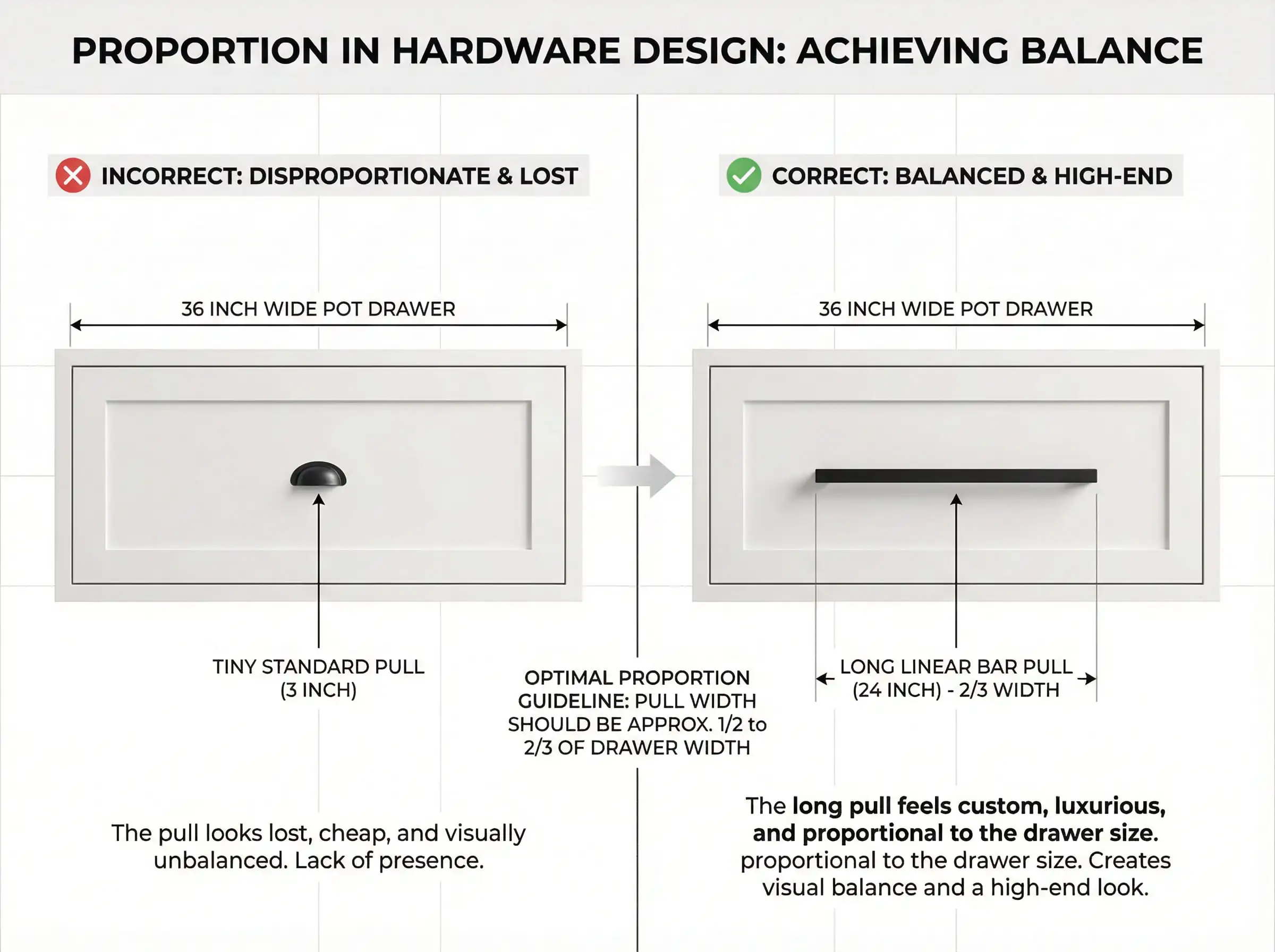 Diagram comparing a tiny disproportionate 3-inch pull versus a luxurious long bar pull on a wide drawer.