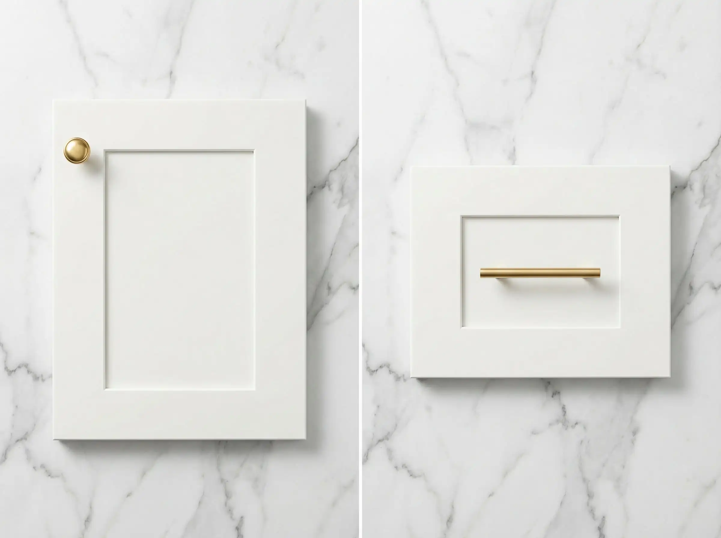 Side-by-side comparison of a round gold cabinet knob on a door versus a gold bar pull on a drawer.
