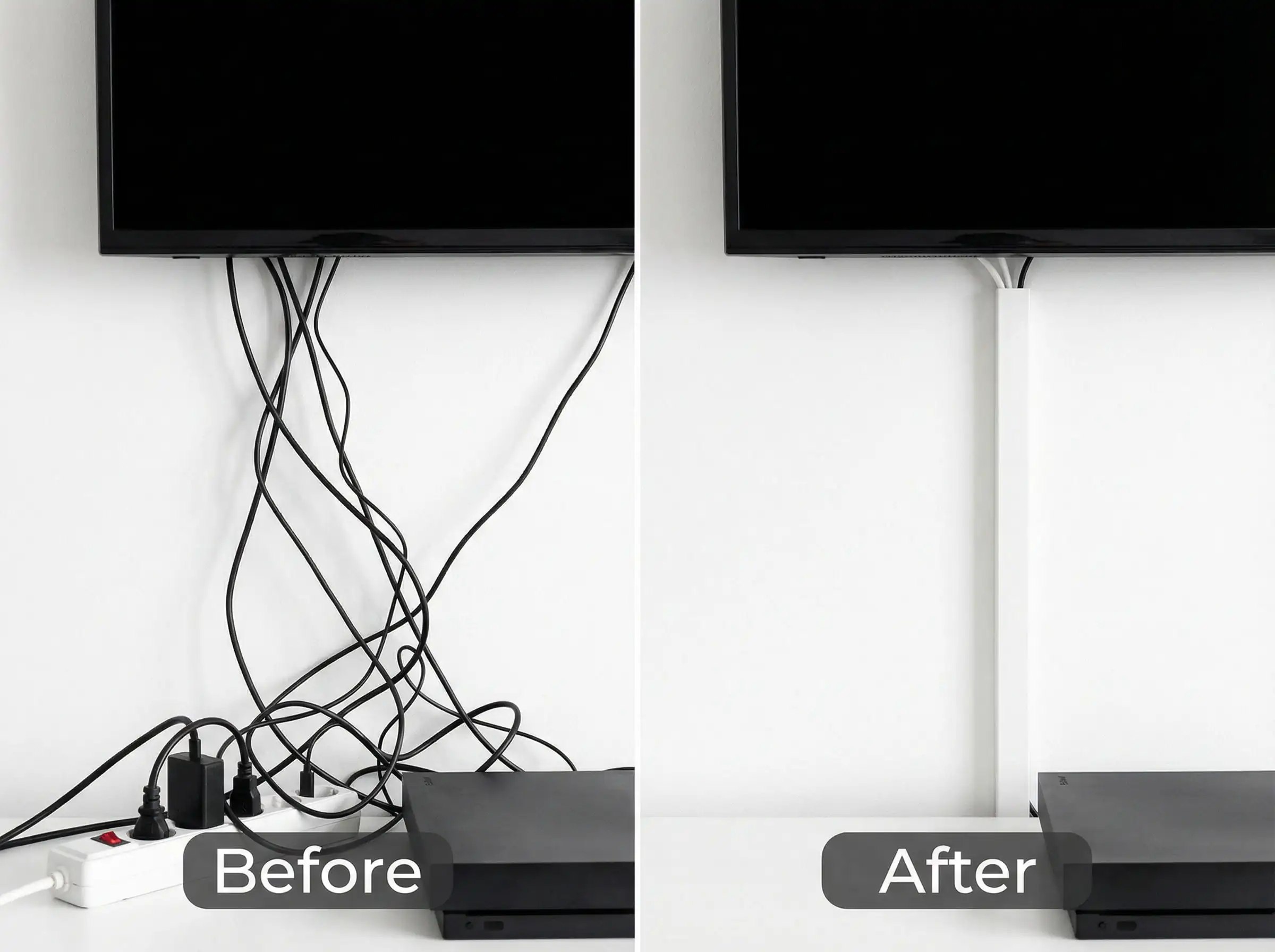 Split screen comparison showing a messy TV wall with wires versus a clean wall with hidden cables.