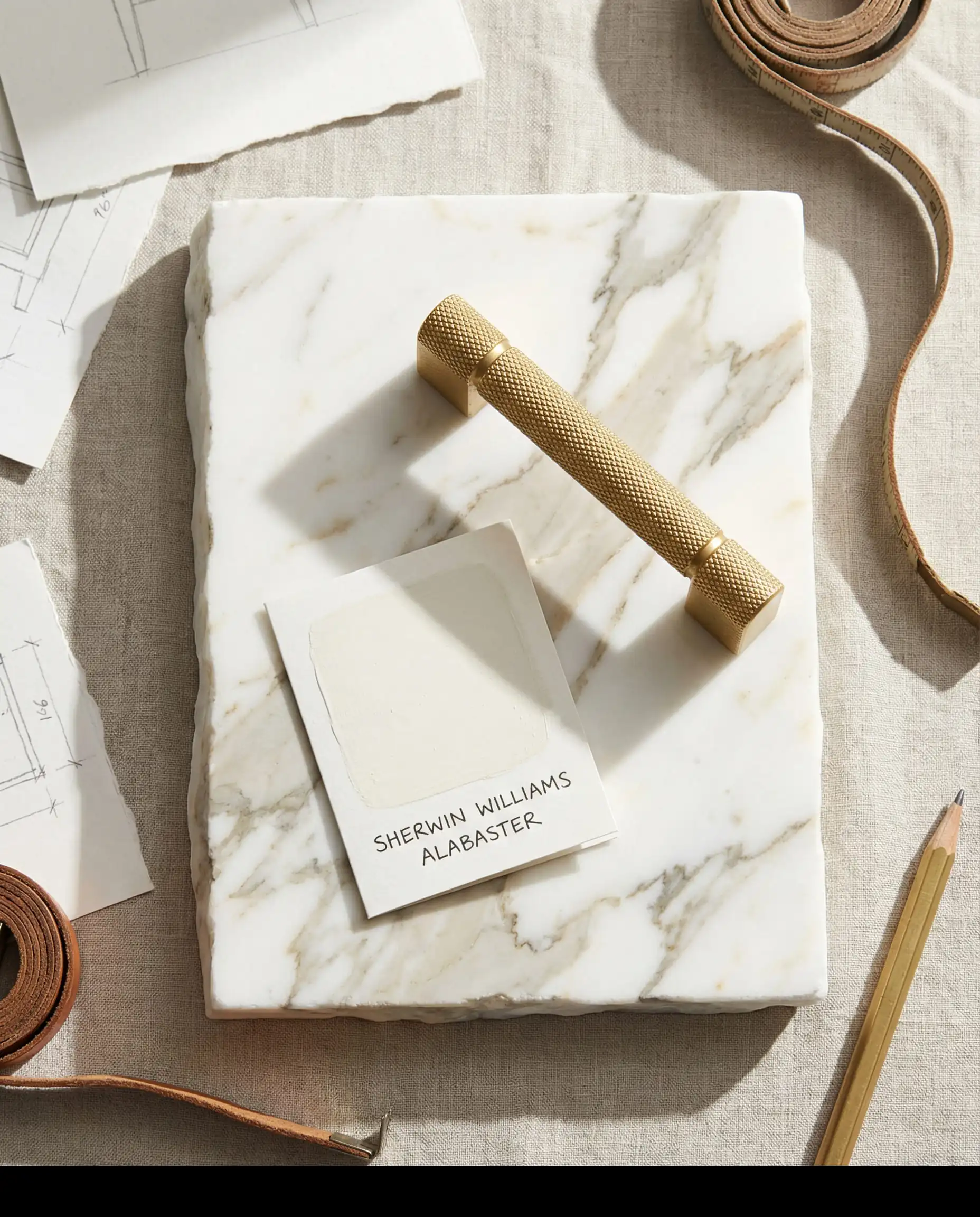 Material flat lay showing Calacatta Gold marble, Sherwin Williams Alabaster paint, and gold hardware.
