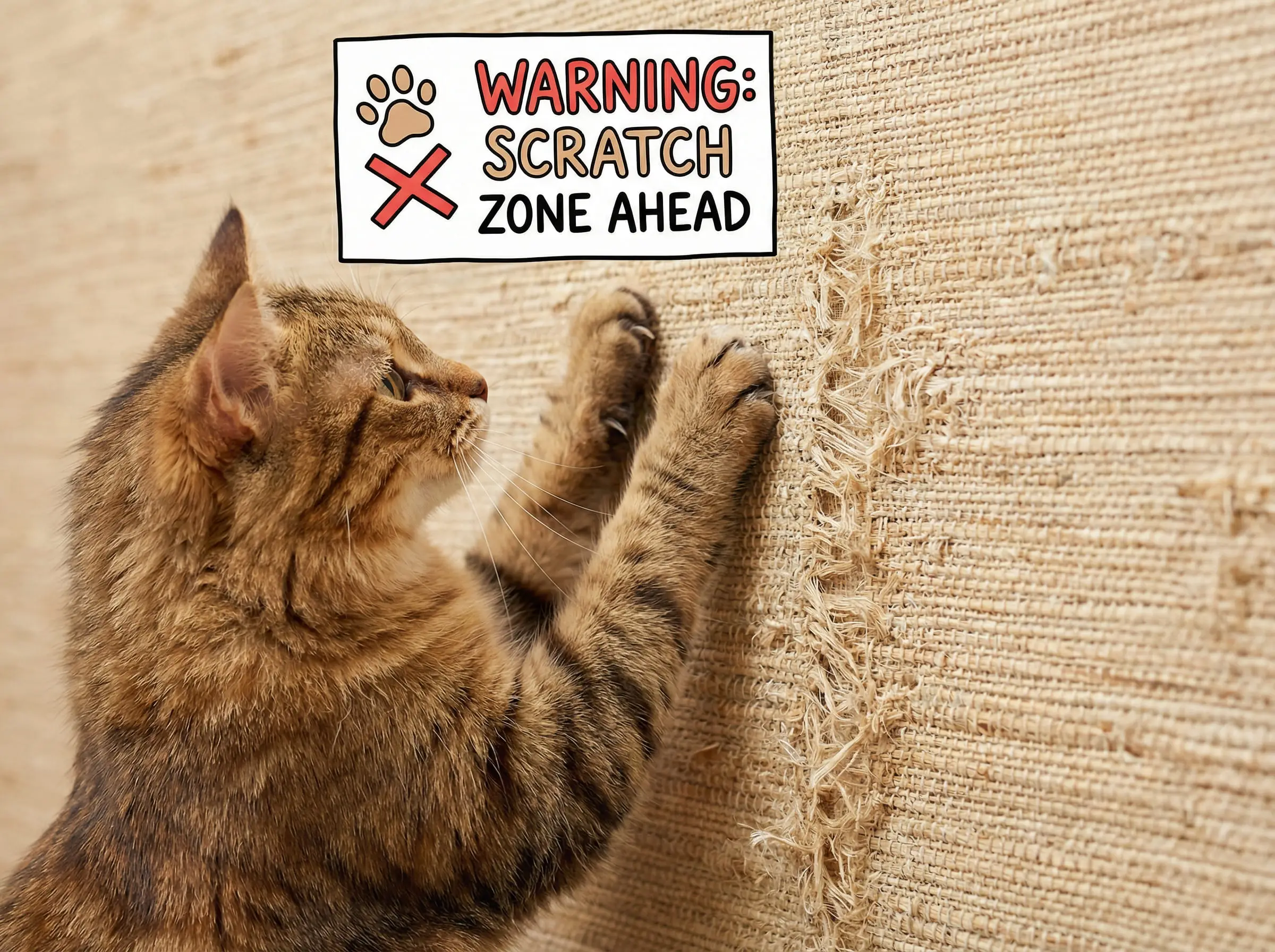 Tabby cat reaching up to scratch a natural grasscloth wall.