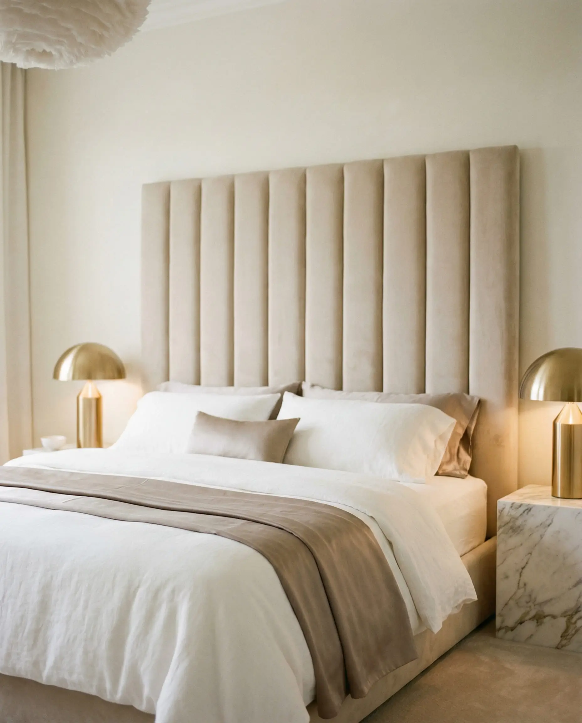Serene bedroom interior featuring creamy white walls, a channel-tufted beige velvet headboard, and champagne gold accents.