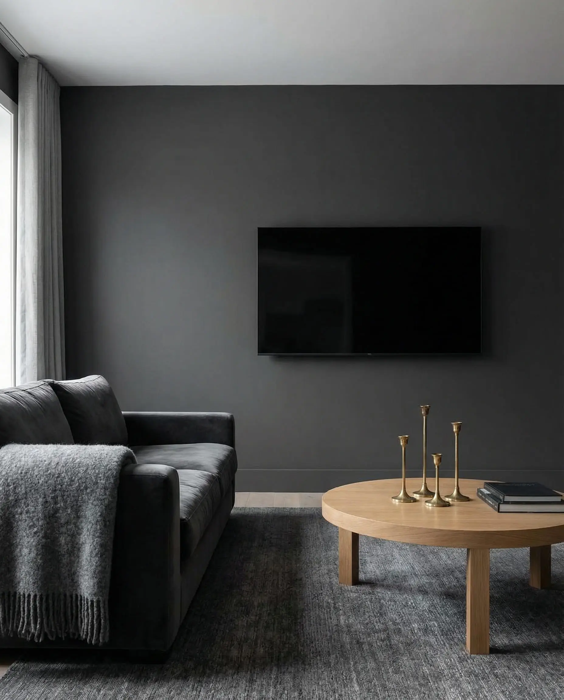 Living room with a matte charcoal grey accent wall that matches the dark sofa, hiding the TV when turned off.