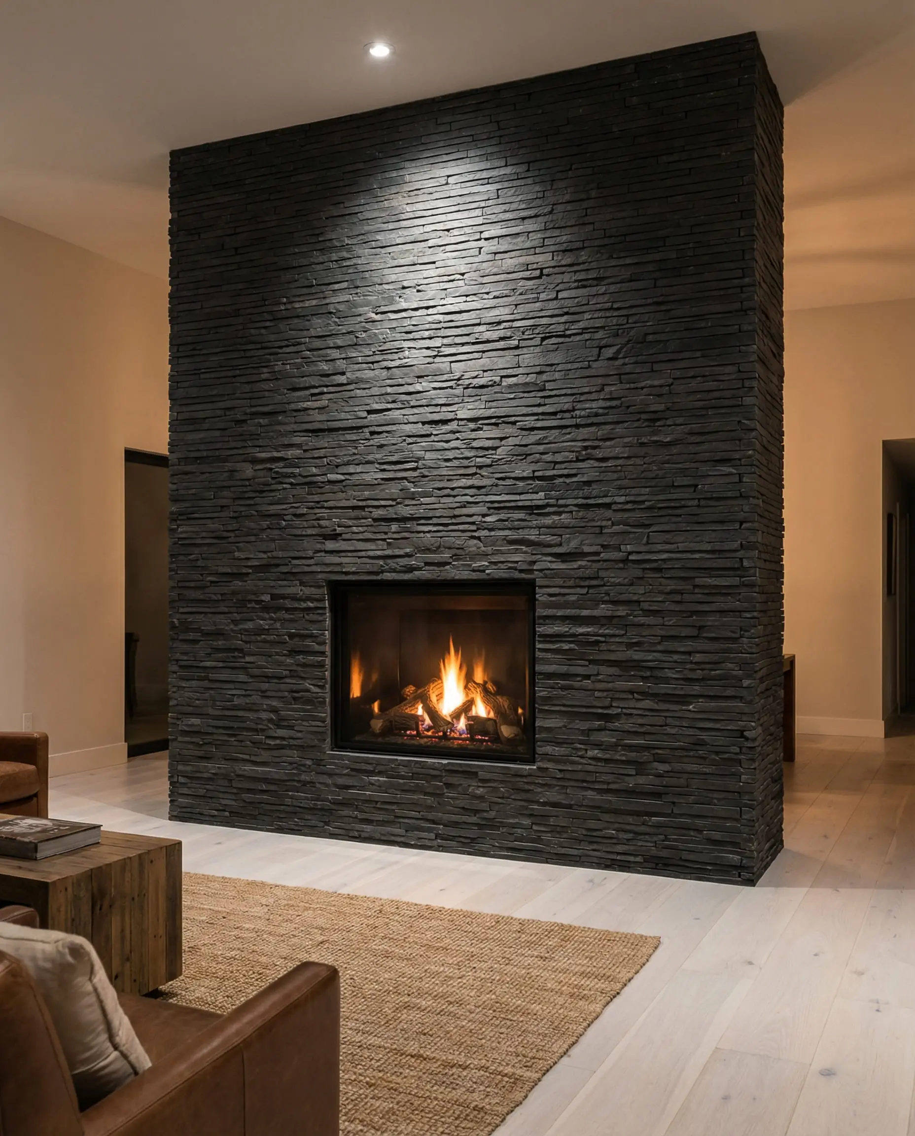 Vertical stacked charcoal stone fireplace wall in a dark monochromatic living room with a bright gas fire.