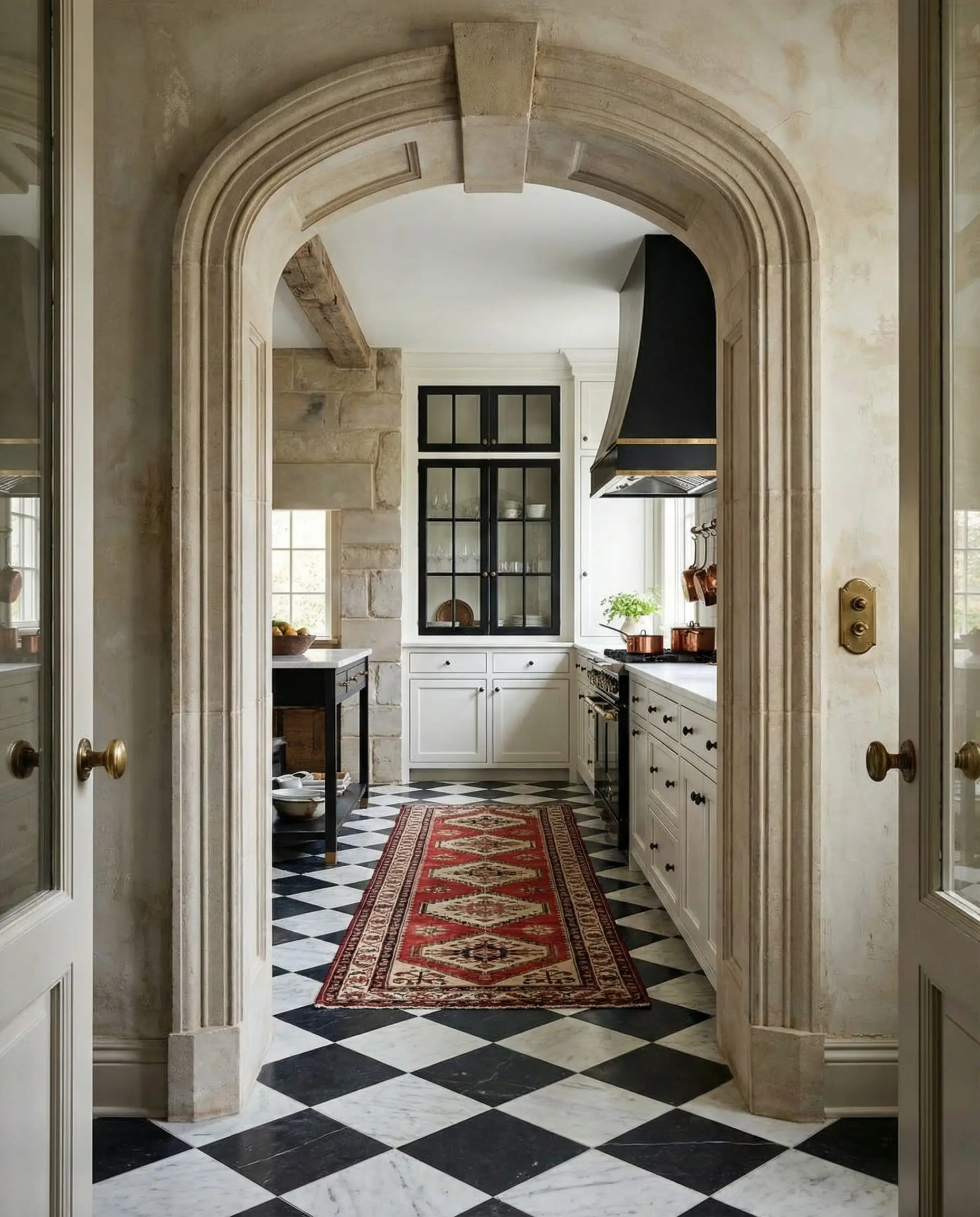 Entryway shot looking through an arched doorway into a kitchen with checkerboard floors and white/black cabinetry.