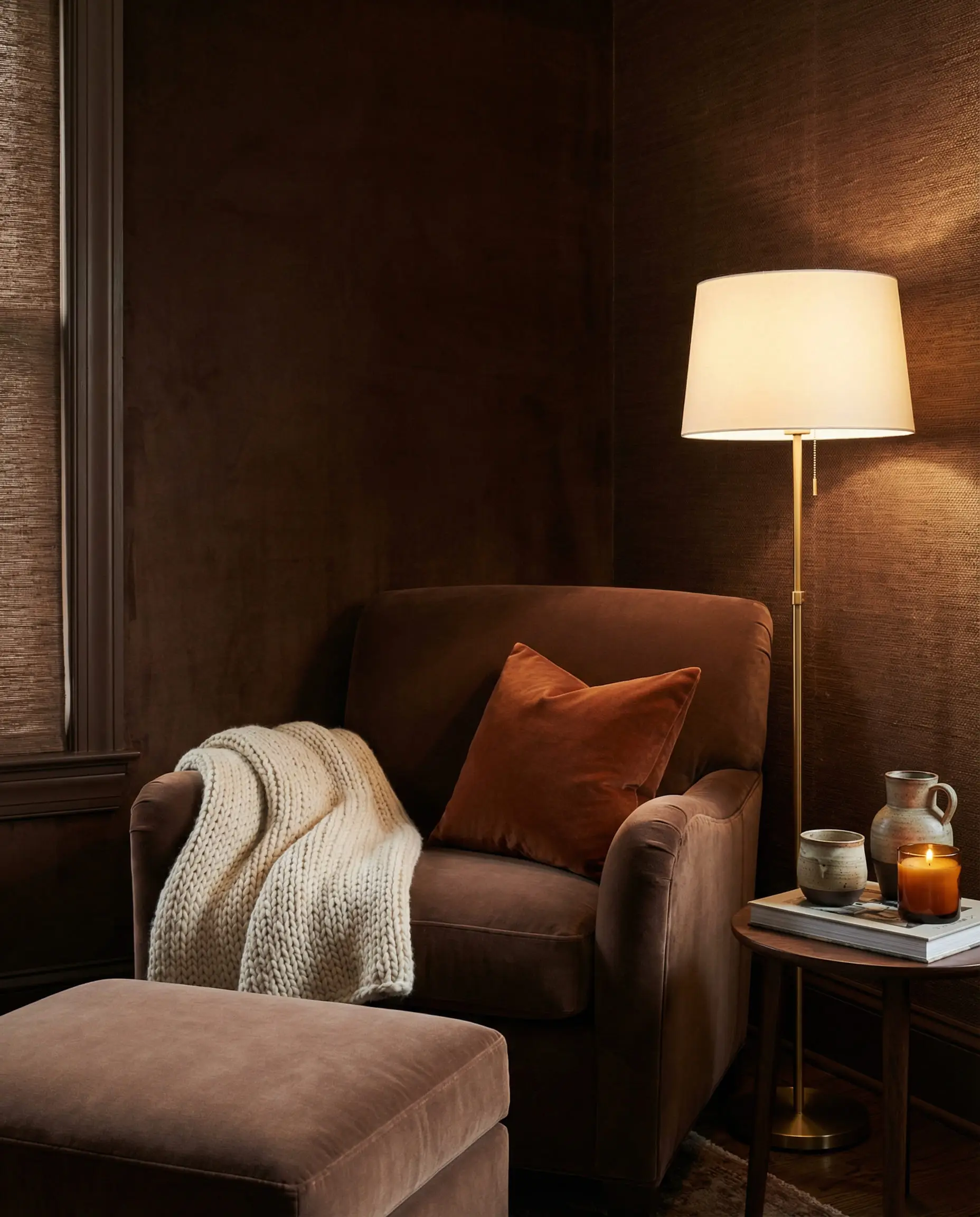 Rich chocolate brown velvet sofa styled with cream throws in a warm, monochromatic living room.