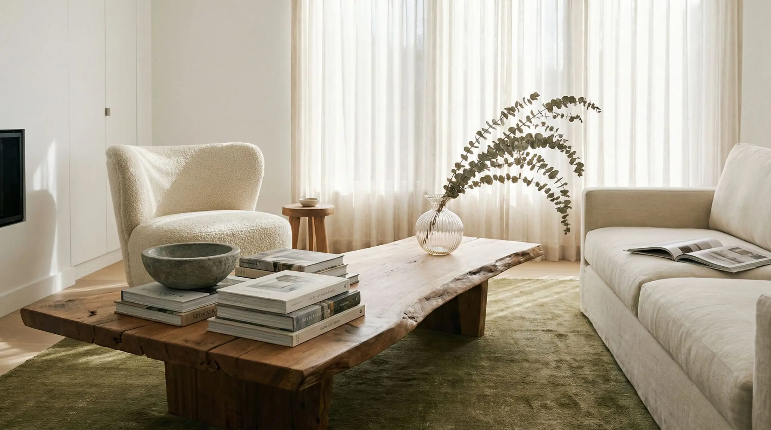 Live-edge wood coffee table decor ideas featuring asymmetrical styling with stacked books, a stone bowl, and a glass vase.