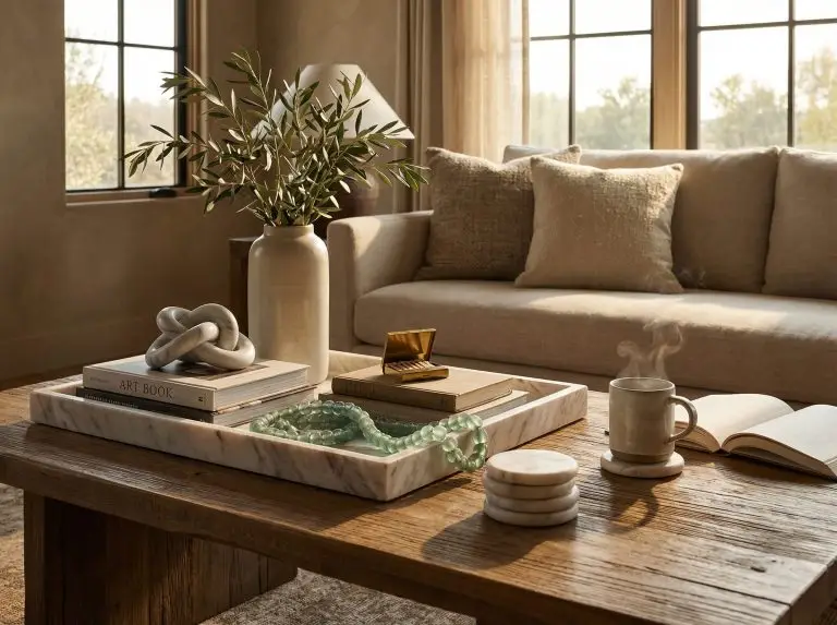Final coffee table decor ideas featuring micro-details like a chunky marble knot, glass beads, and coasters on rustic wood.