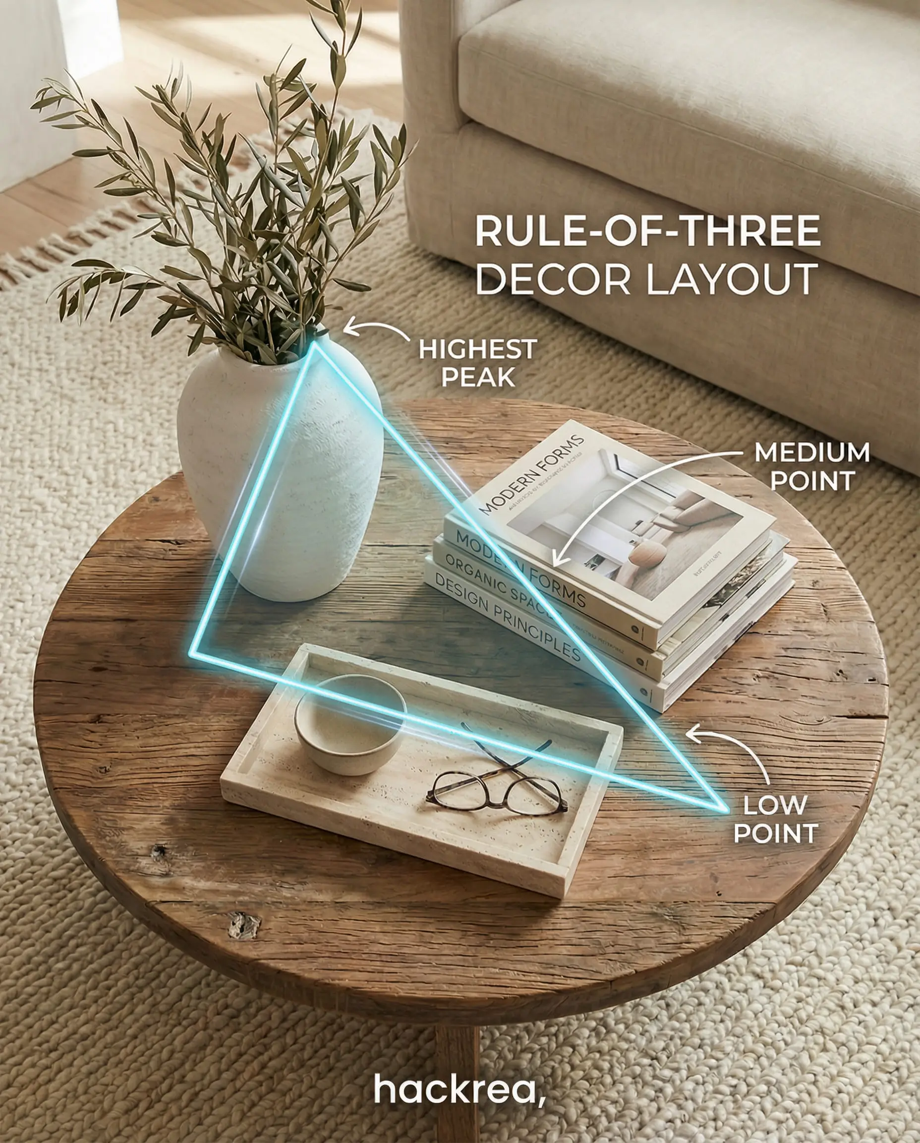 Top-down diagram of coffee table decor ideas showing the rule of three with a tall vase, stacked books, and a low stone tray.