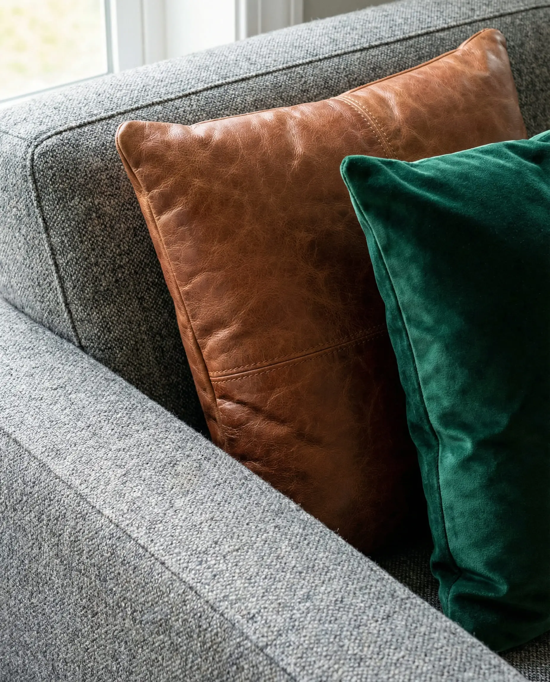 Styling detail showing luxurious Cognac leather and Emerald Green velvet throw pillows on a grey tweed sofa.