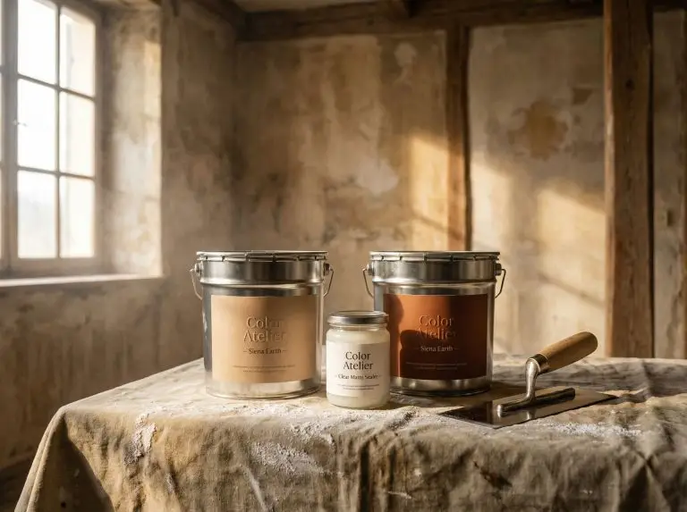Elegant Color Atelier textured wall paint packaging and a clear matte sealer sit near a flexible Japanese trowel in a traditional plastering studio.