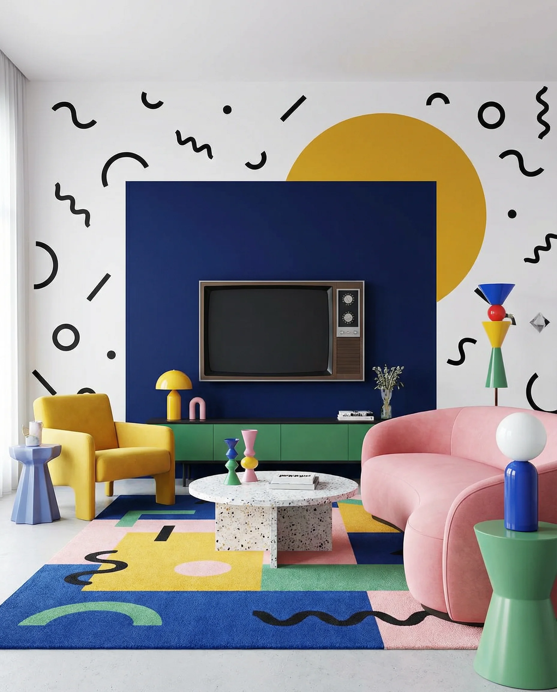 Creative color-blocked wall with navy and mustard geometric shapes behind a modern entertainment center.