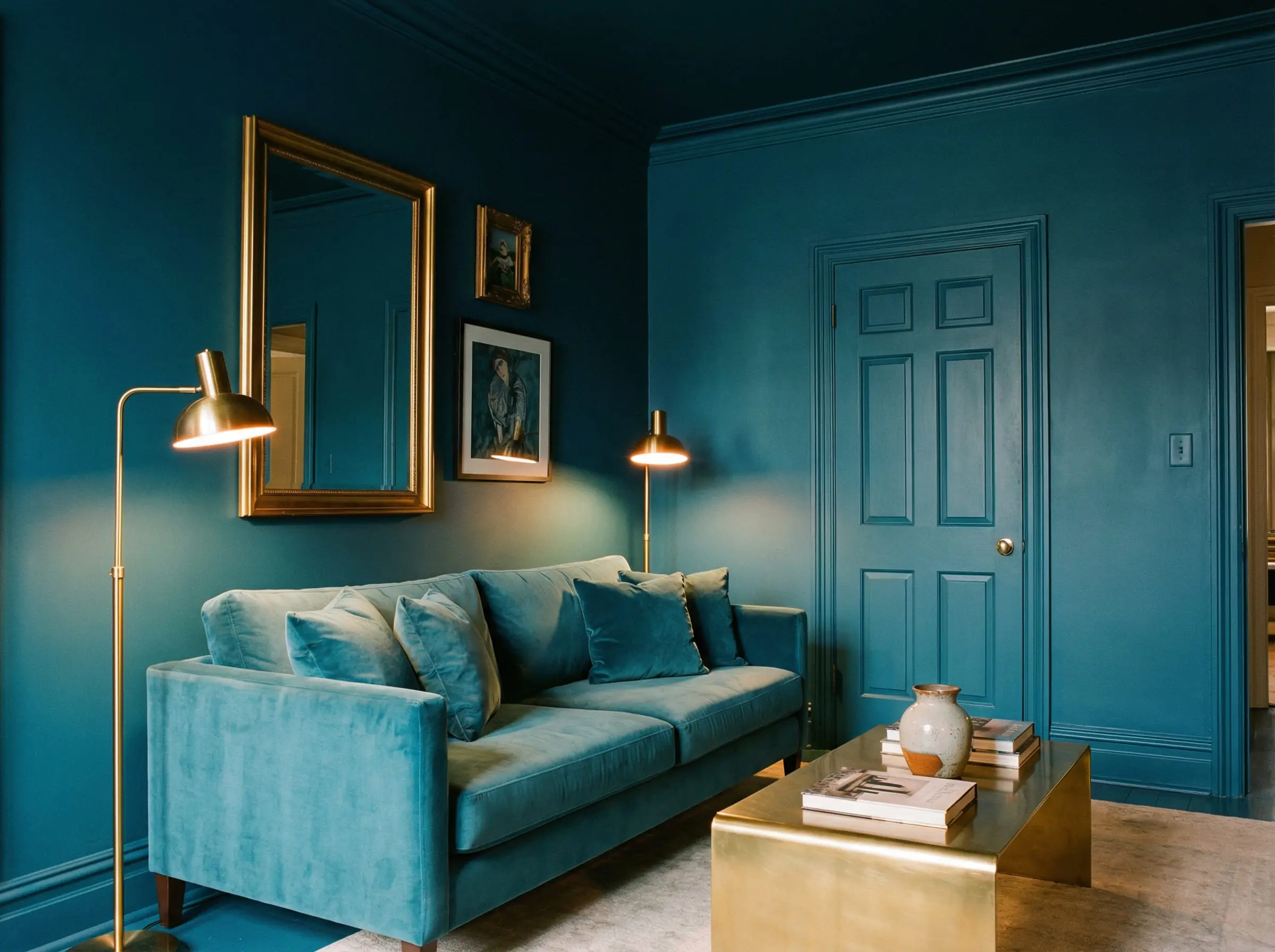 Living room demonstrating the color drenching technique with walls, trim, and door all painted in a deep teal blue.