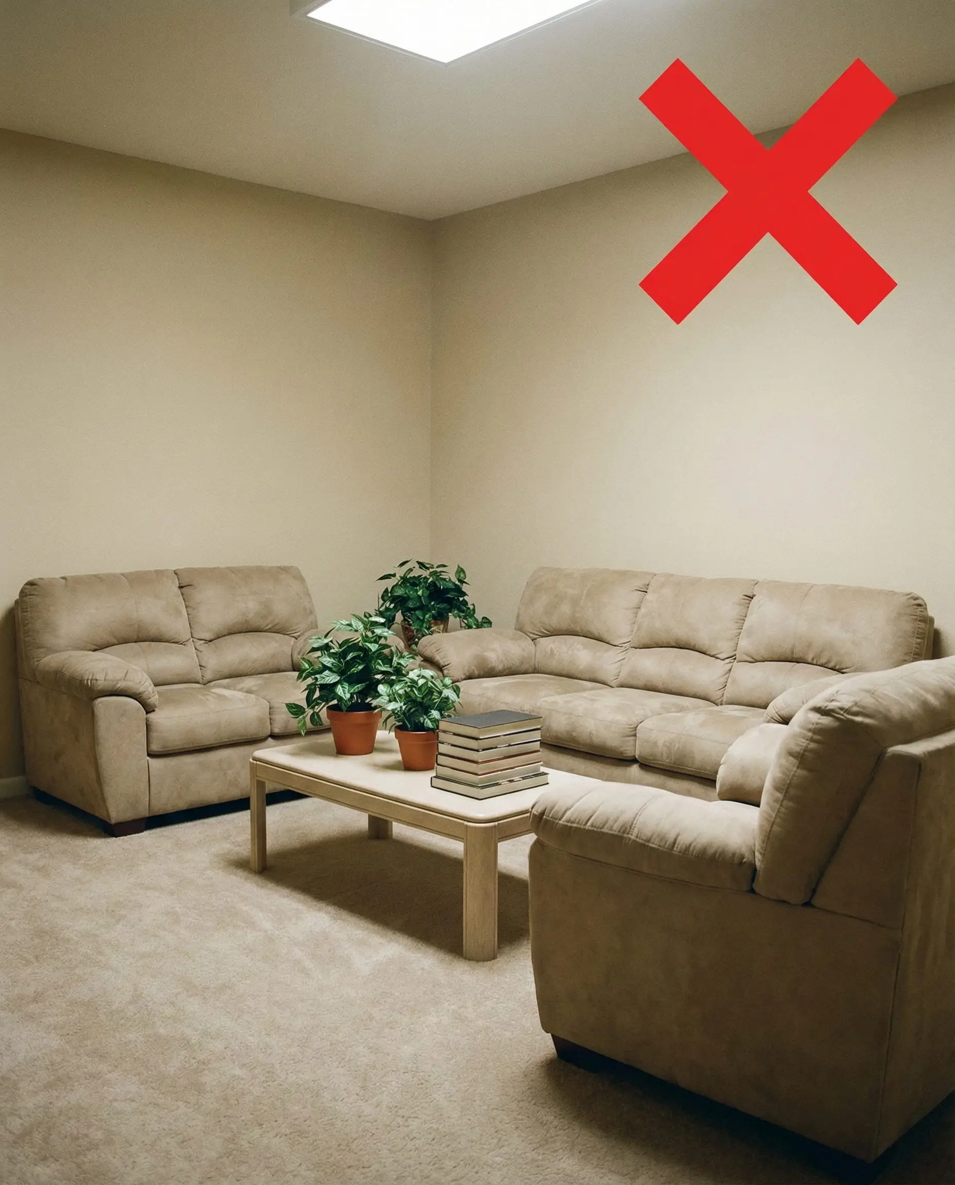 A flat, all-beige living room with a matching three-piece furniture set and fake plants demonstrates common mistakes to avoid in modern organic styling.