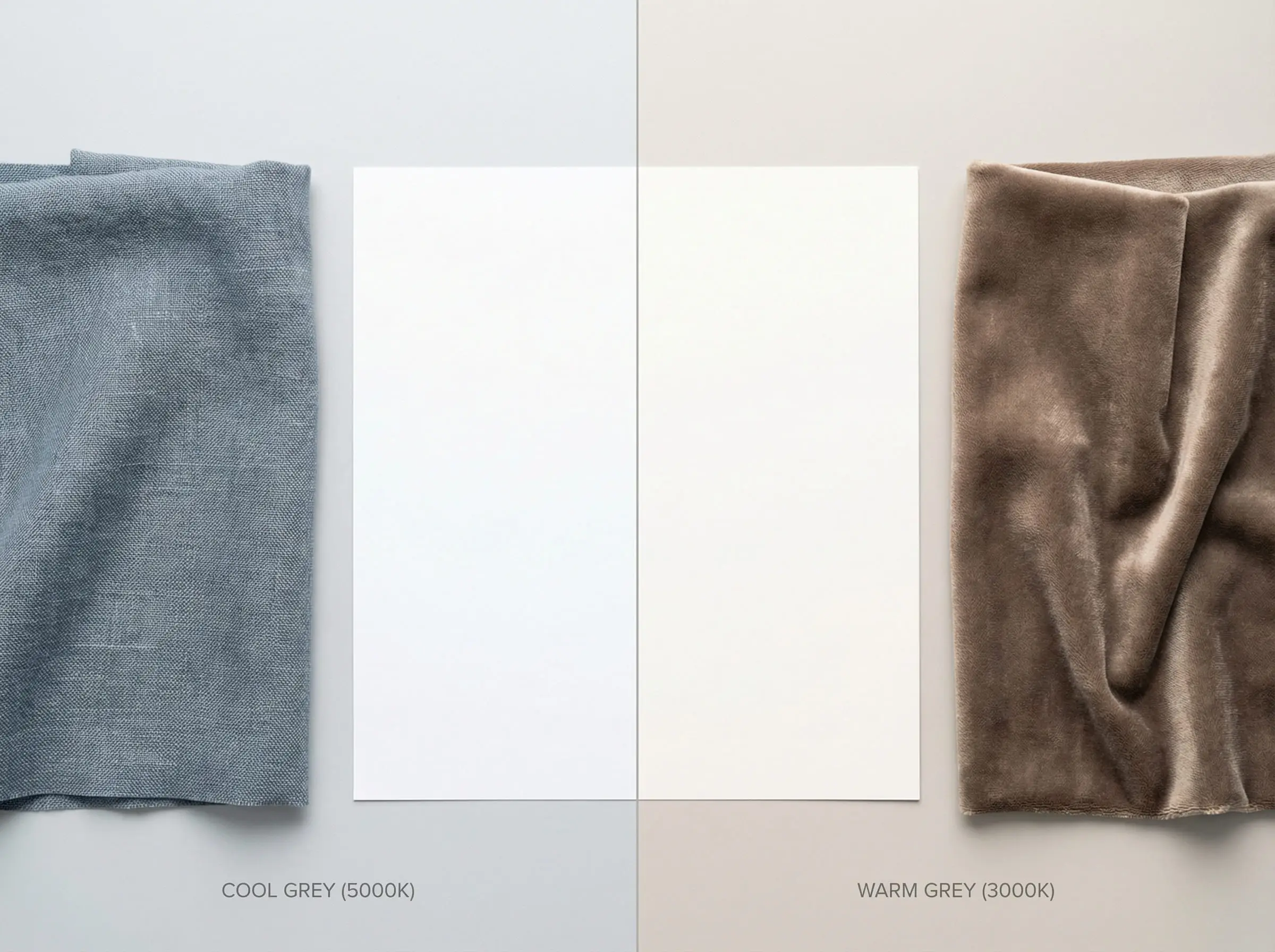 A split-screen comparison showing a cool blue-grey fabric next to white paper versus a warm taupe-grey fabric next to white paper to identify undertones.