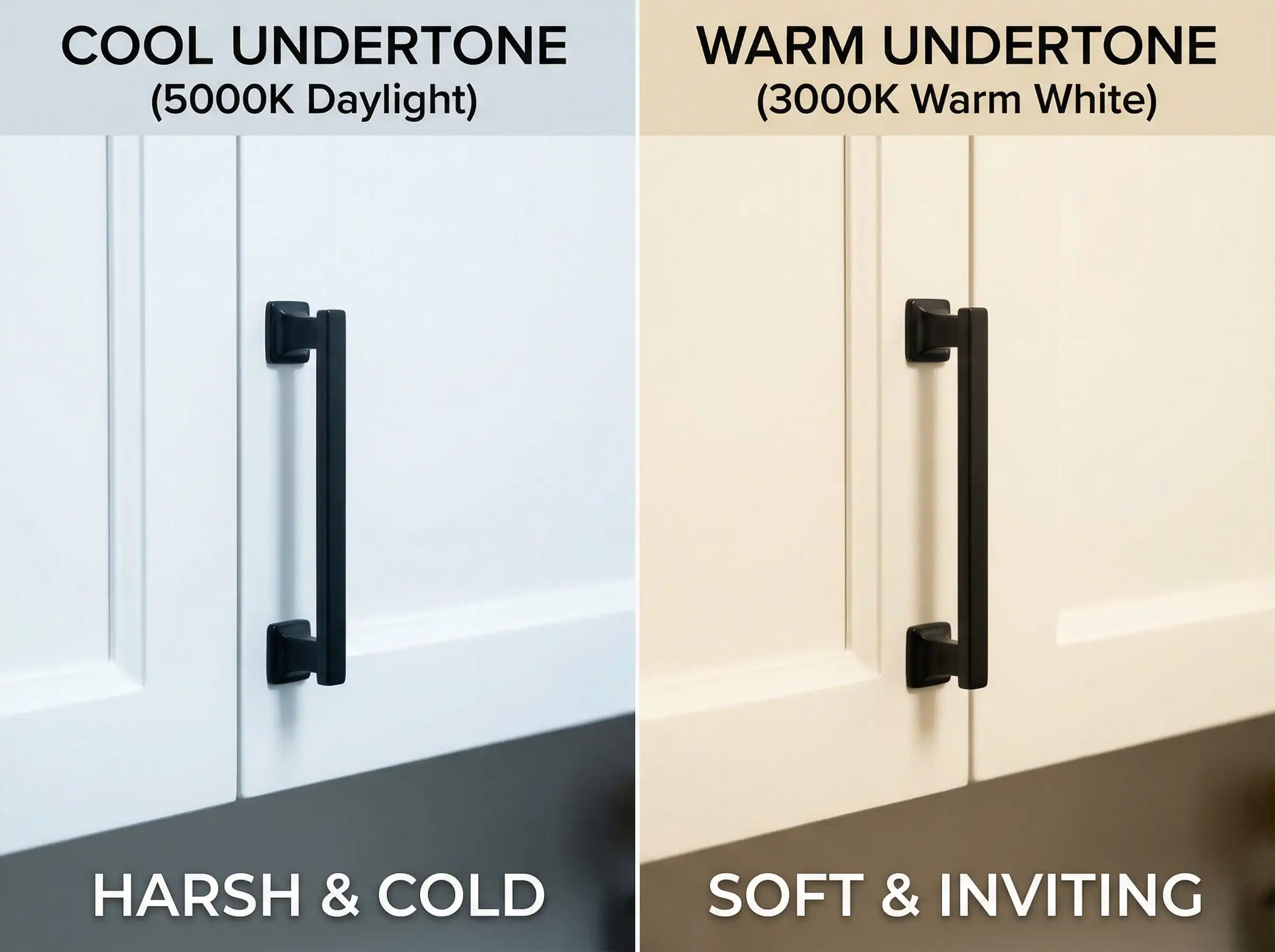 Split screen comparison showing cool white paint (harsh contrast) versus warm Alabaster white paint (soft integration) with black hardware.