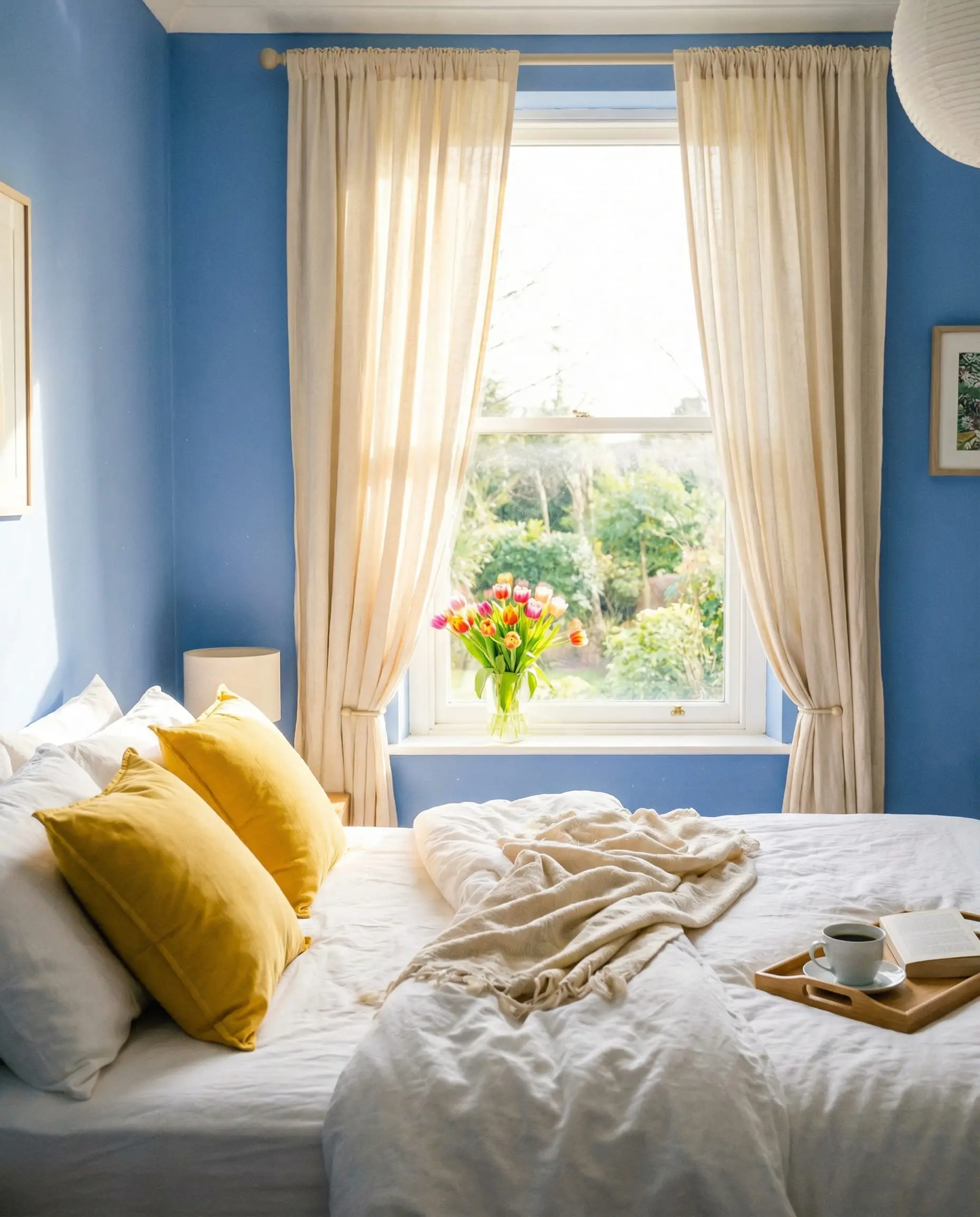 Bright morning bedroom with cornflower blue walls and open cream curtains.