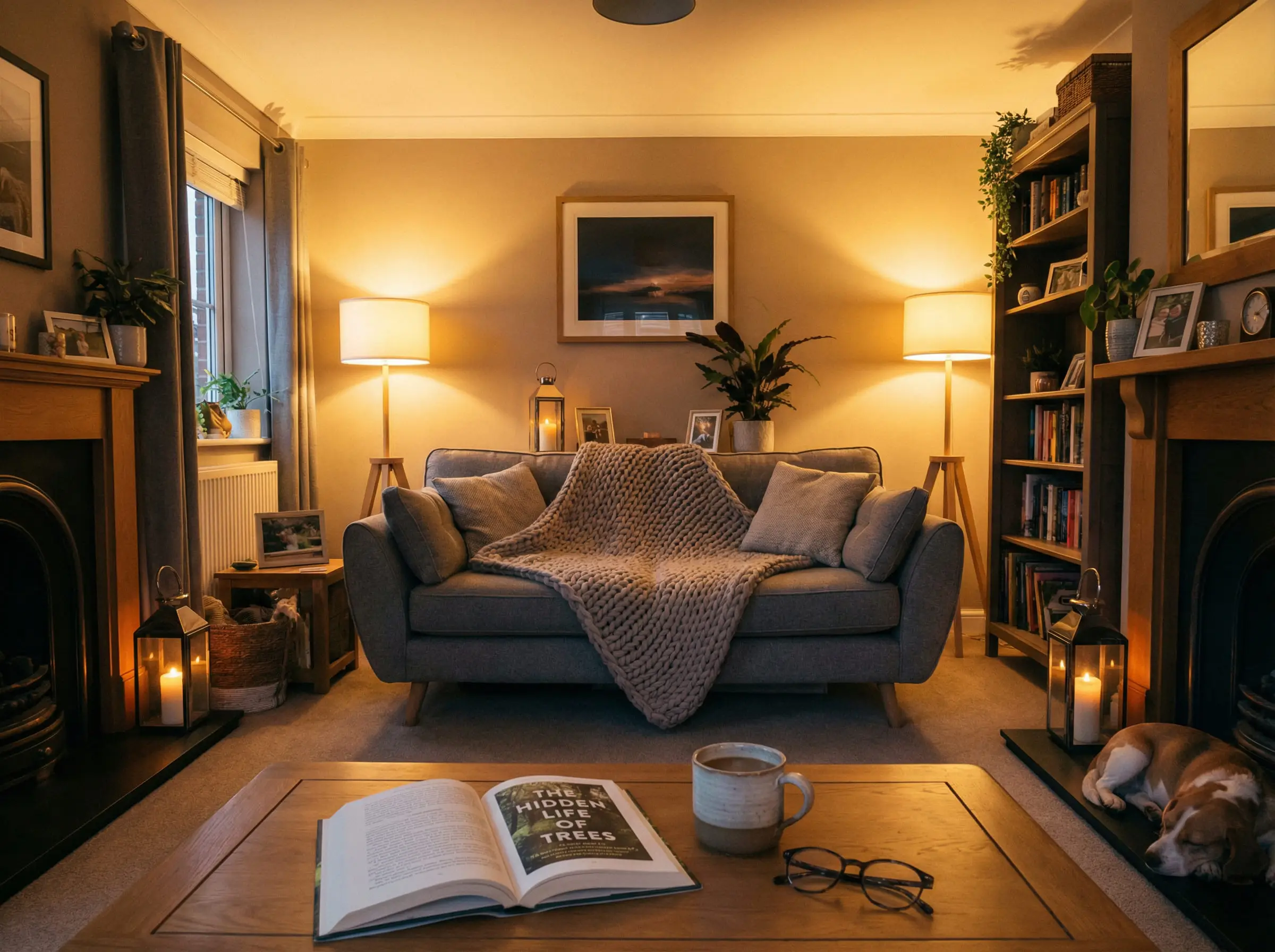 Cozy evening living room scene with a grey couch, knitted throw blanket, warm mushroom walls, and ambient candle lighting.