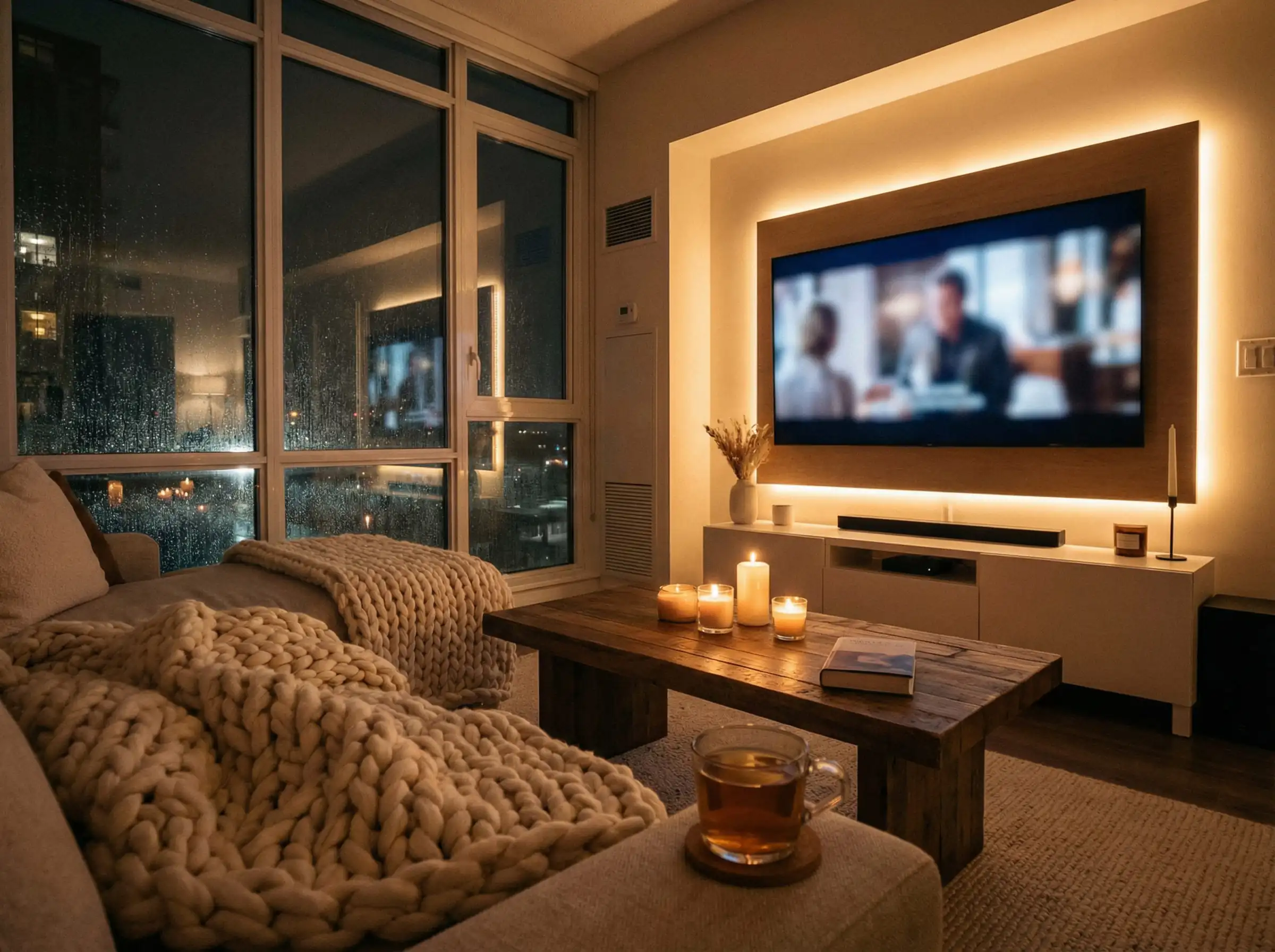 Warm and cozy living room at night with soft lighting, candles, and a movie playing on the TV.