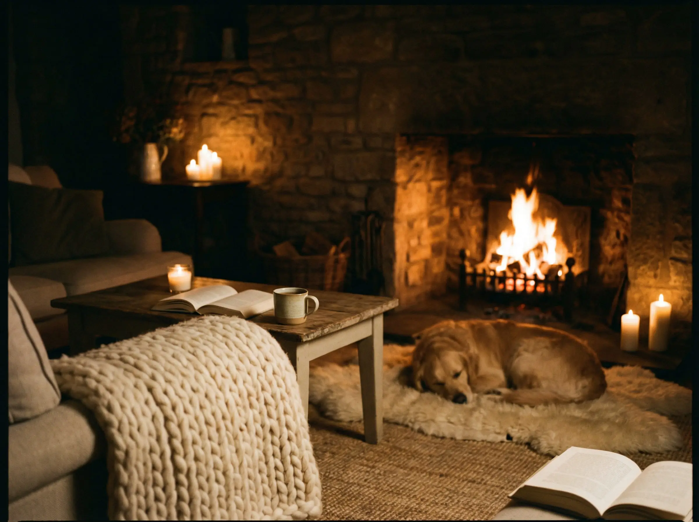 A warm, dimly lit living room at night with a glowing fireplace, wool throw, and a sleeping dog.