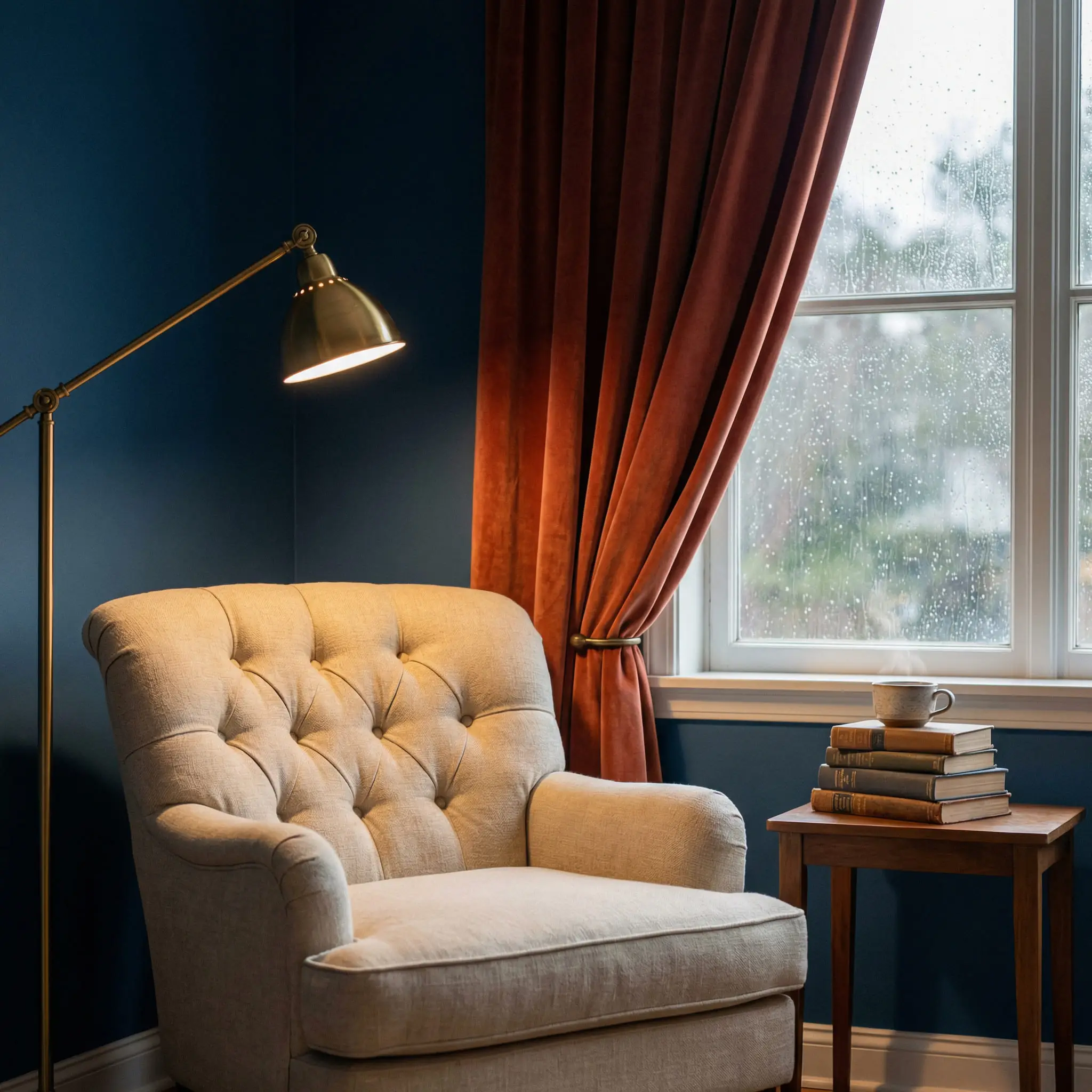 Cozy reading nook with deep blue walls, an armchair, and a terracotta curtain.
