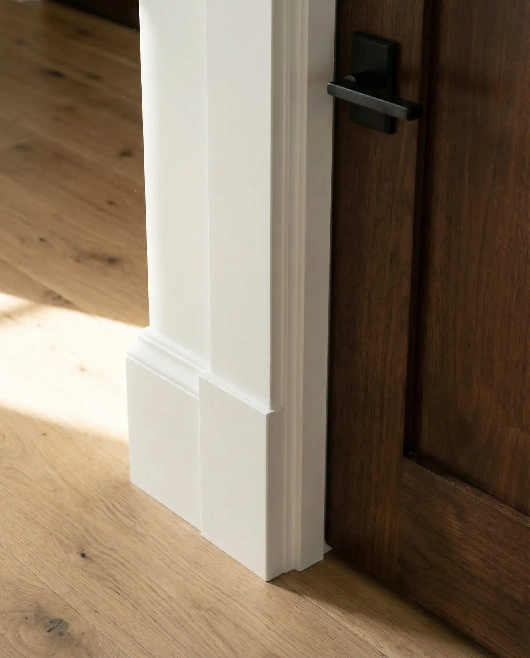Close up of thick 8-inch craftsman baseboards and door casing meeting wide-plank white oak flooring.