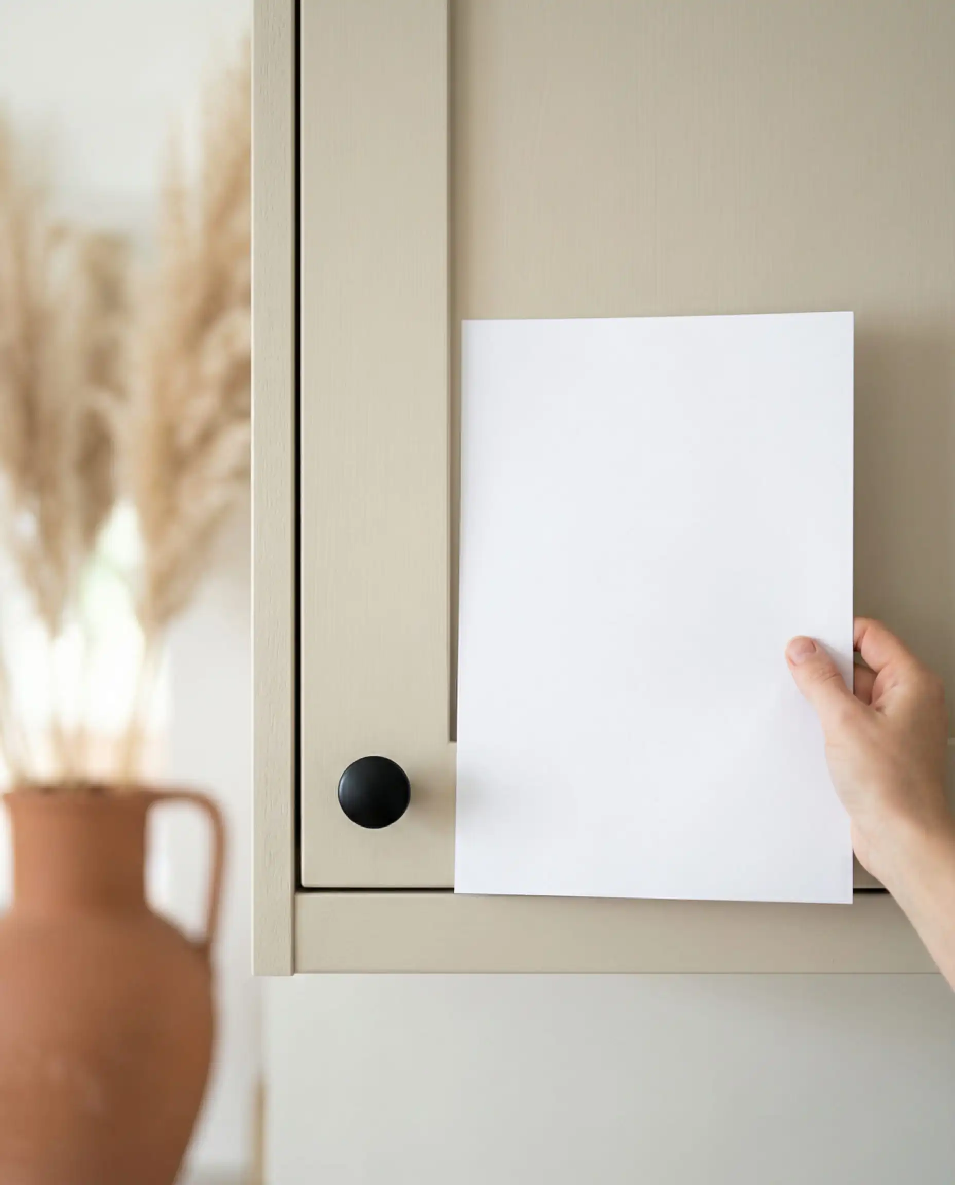 Visual comparison showing a pure white sheet against a creamy greige cabinet door with black hardware to demonstrate warm undertones.